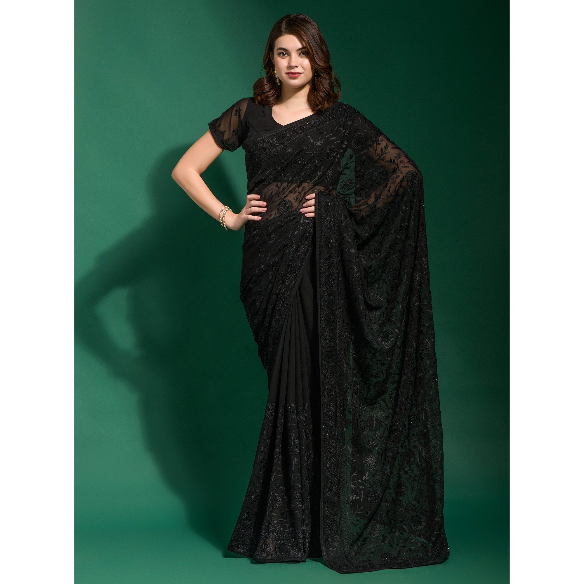 Black Floral Embroidered Georgette Saree