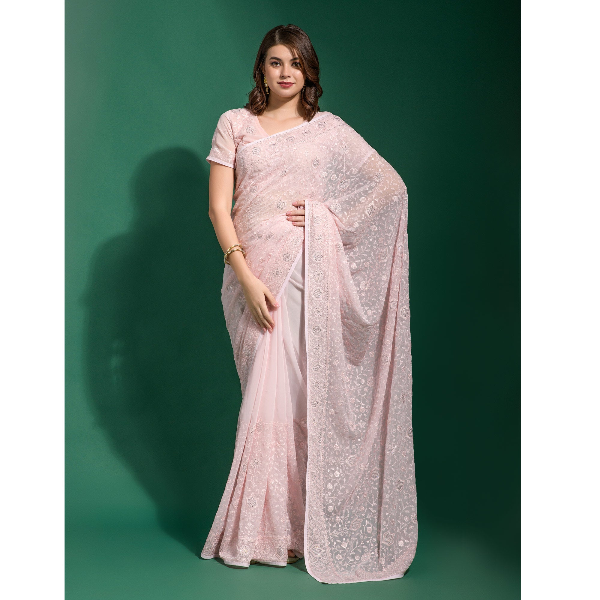 Baby Pink Floral Embroidered Georgette Saree
