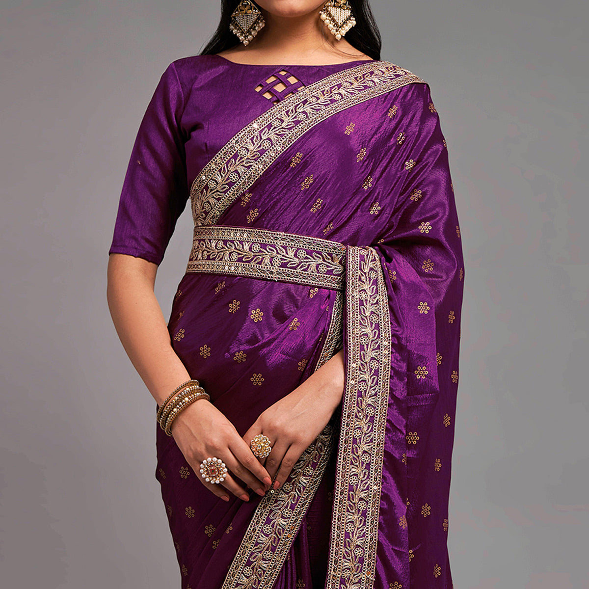Wine Foil Printed With Embroidered Border Chinon Saree