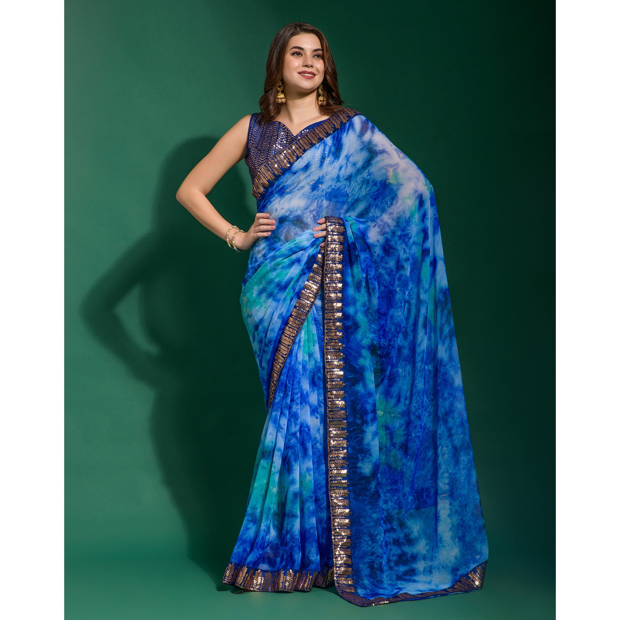 Blue Printed With Sequins Border Chiffon Saree