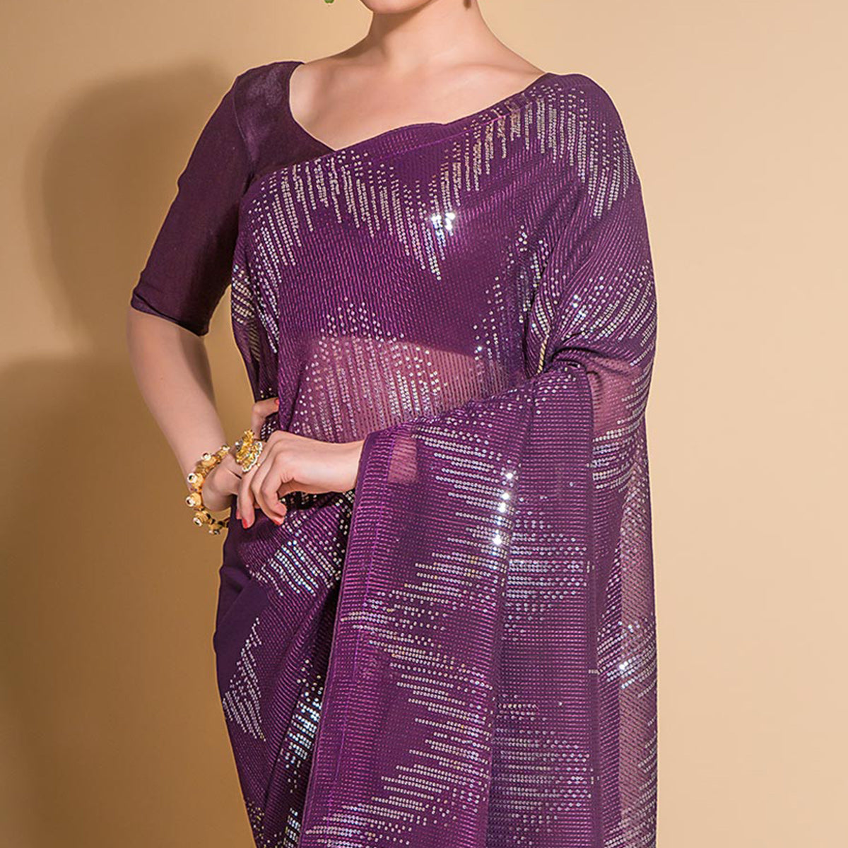 Wine Sequins Embroidered Georgette Saree