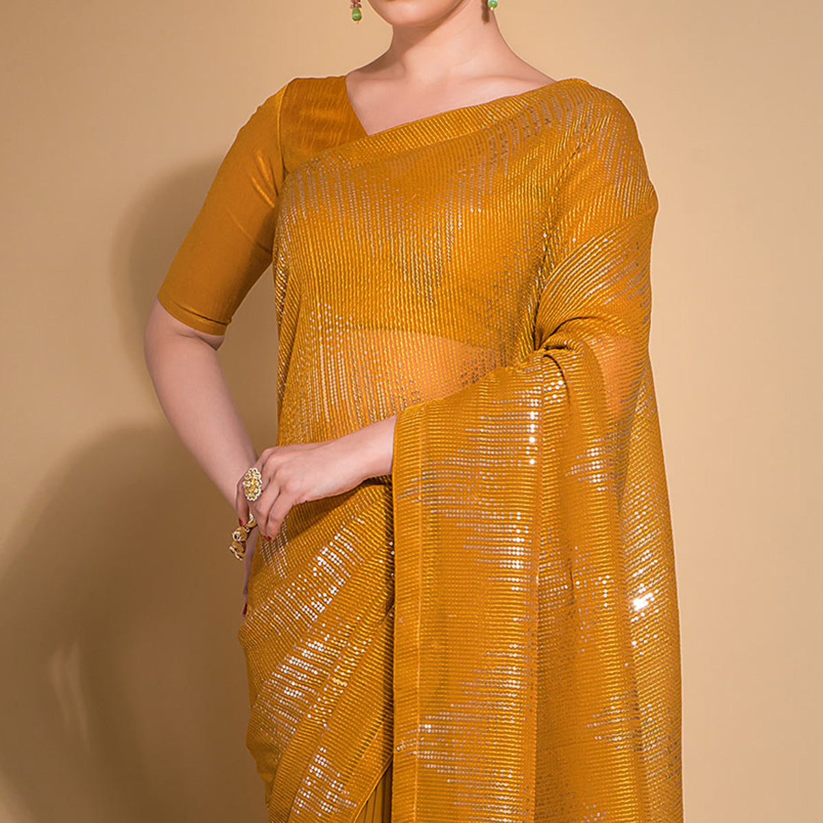 Mustard Sequins Embroidered Georgette Saree