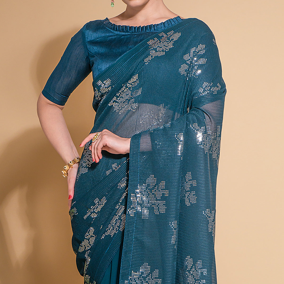 Blue Sequins Embroidered Georgette Saree