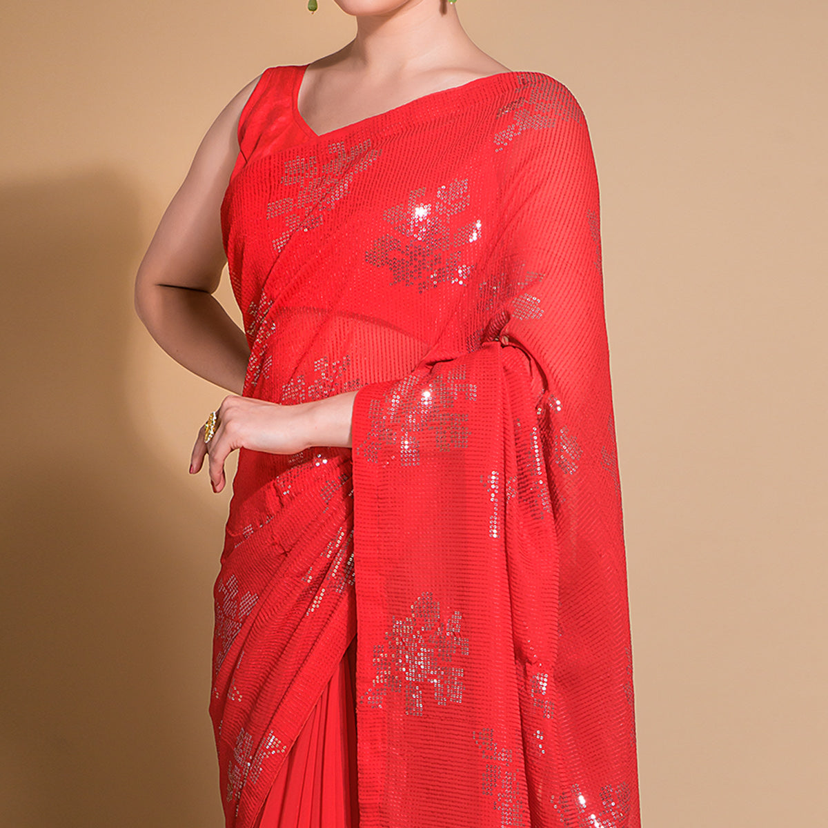 Red Sequins Embroidered Georgette Saree