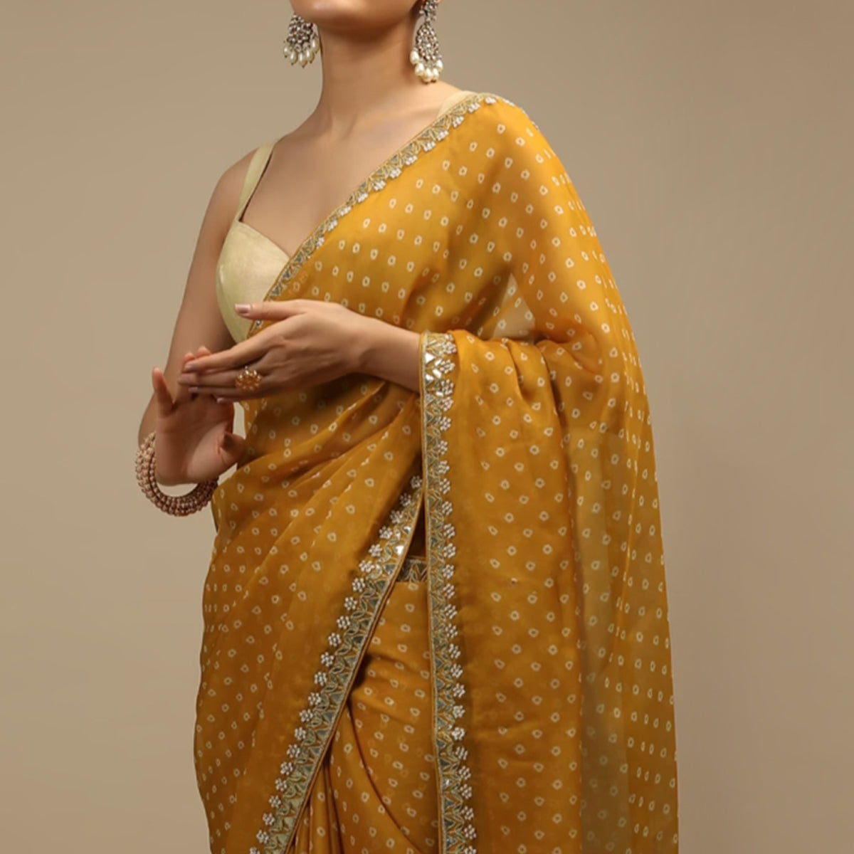 Mustard Bandhani Printed Chinon Saree
