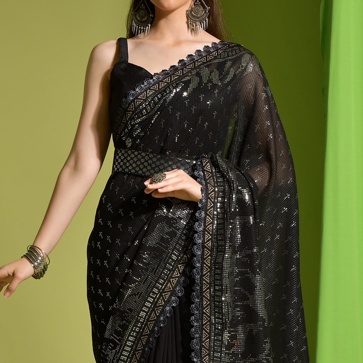 Black Sequins Embroidered Georgette Saree