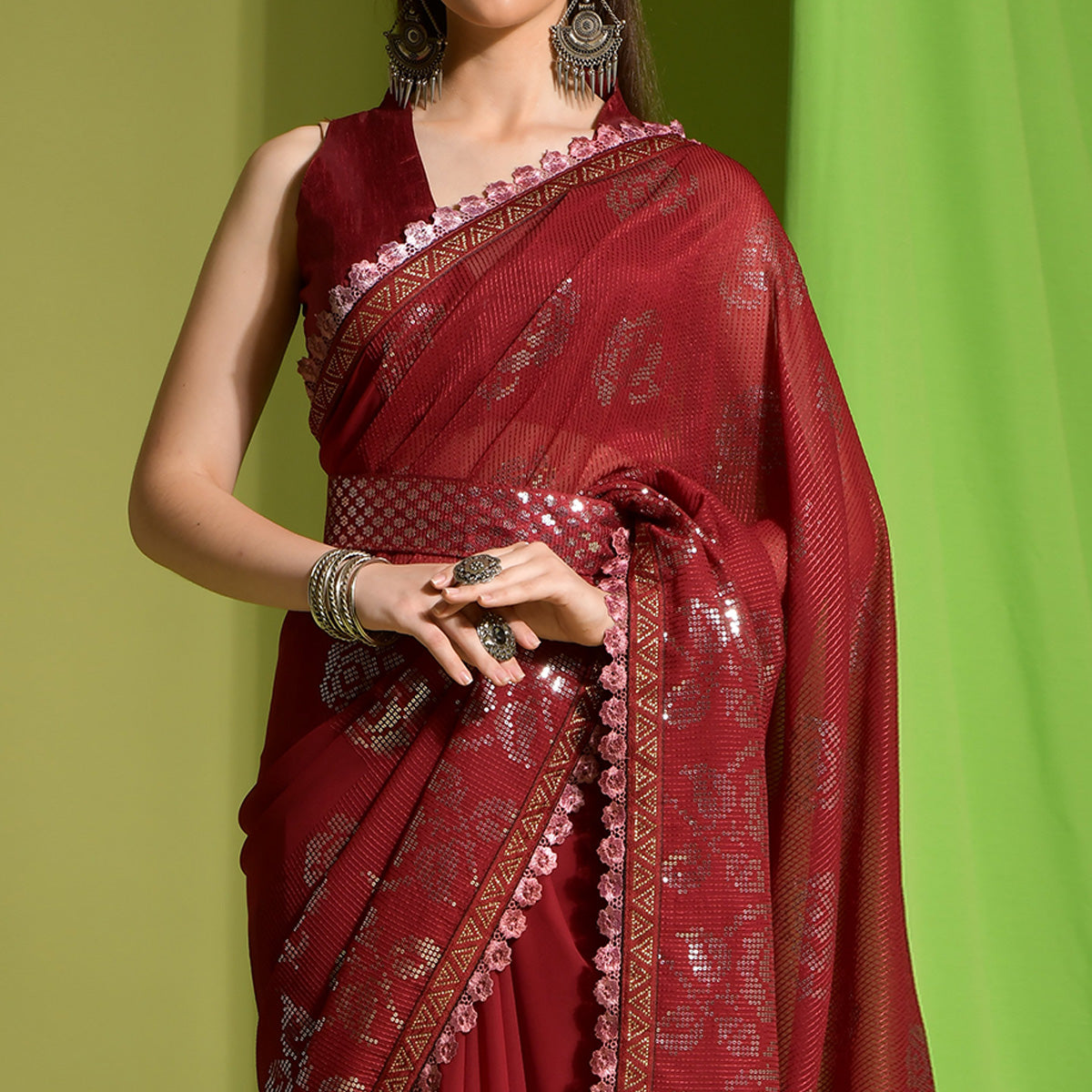 Red Sequins Embroidered Georgette Saree