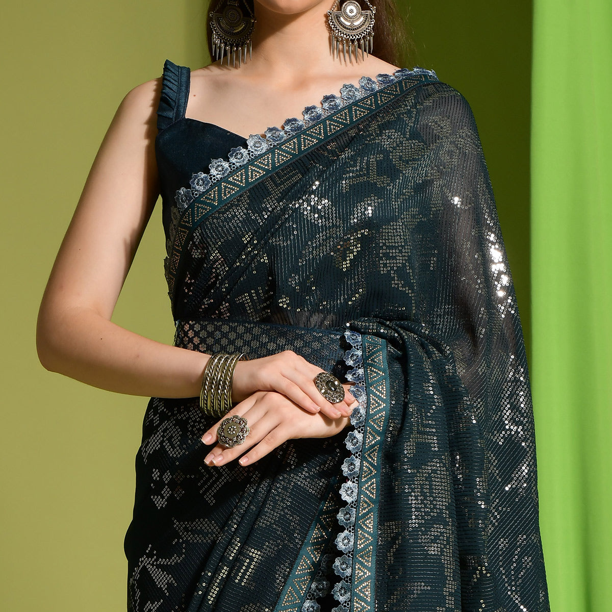 Green Sequins Embroidered Georgette Saree