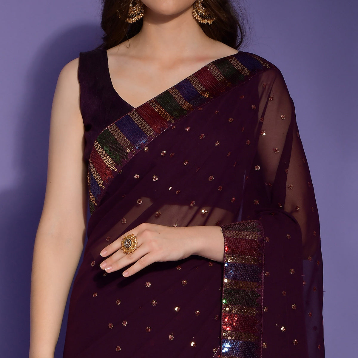 Wine Sequins Embroidered Georgette Saree