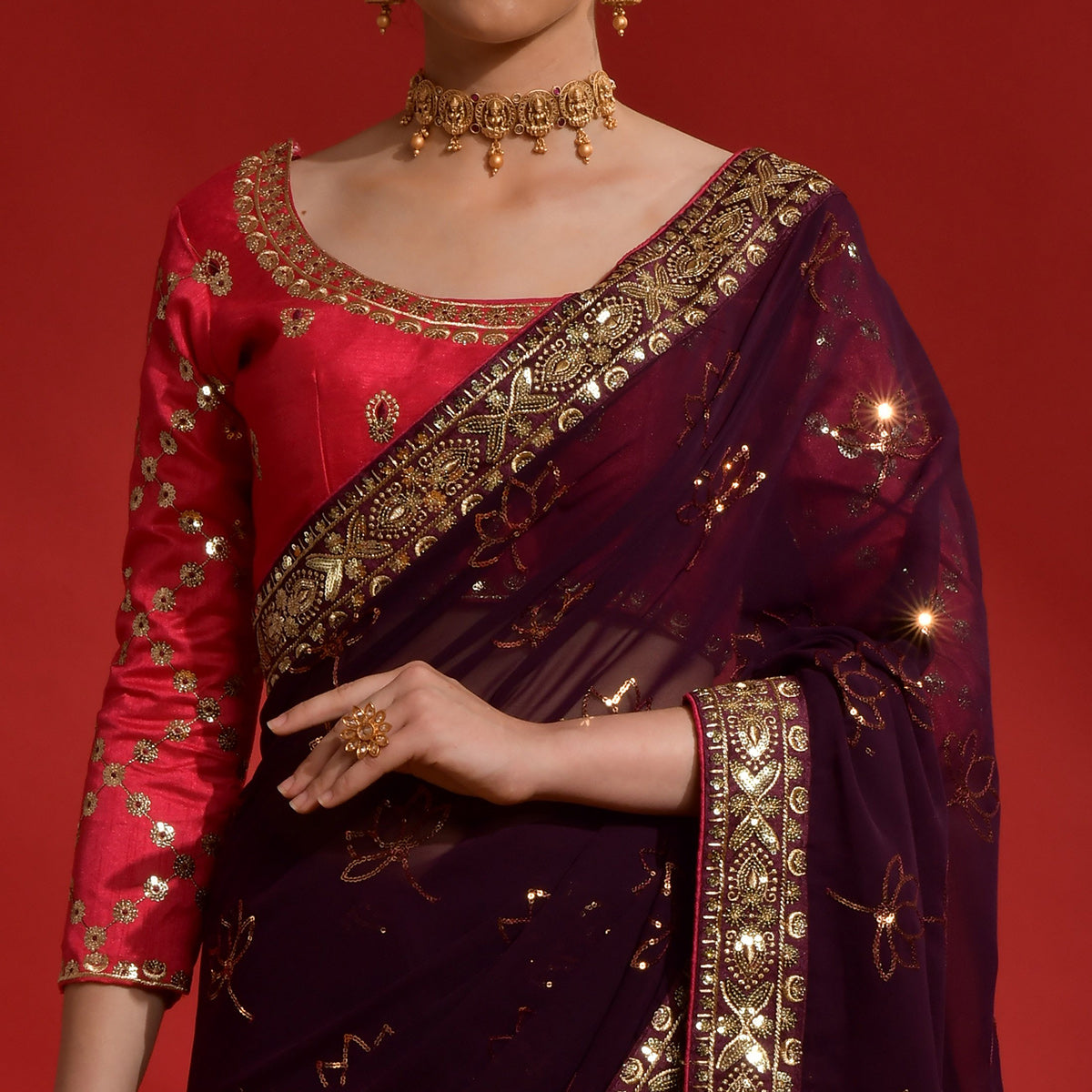 Wine Floral Sequins Embroidered Georgette Saree