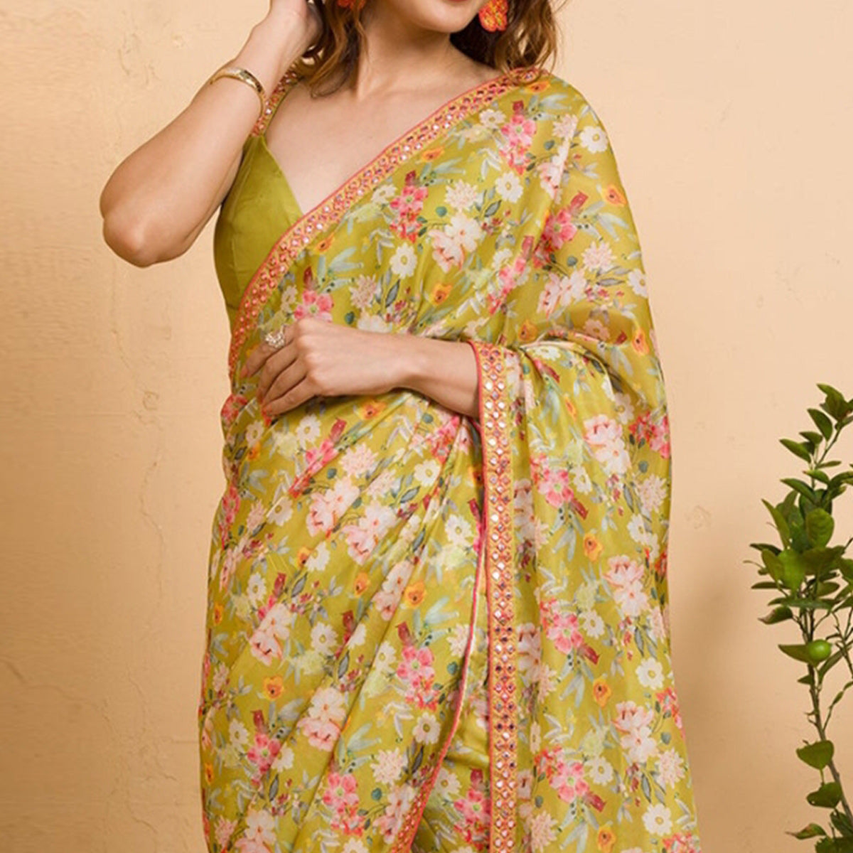 Green Floral Printed Chinon Saree With Fancy Mirror Border