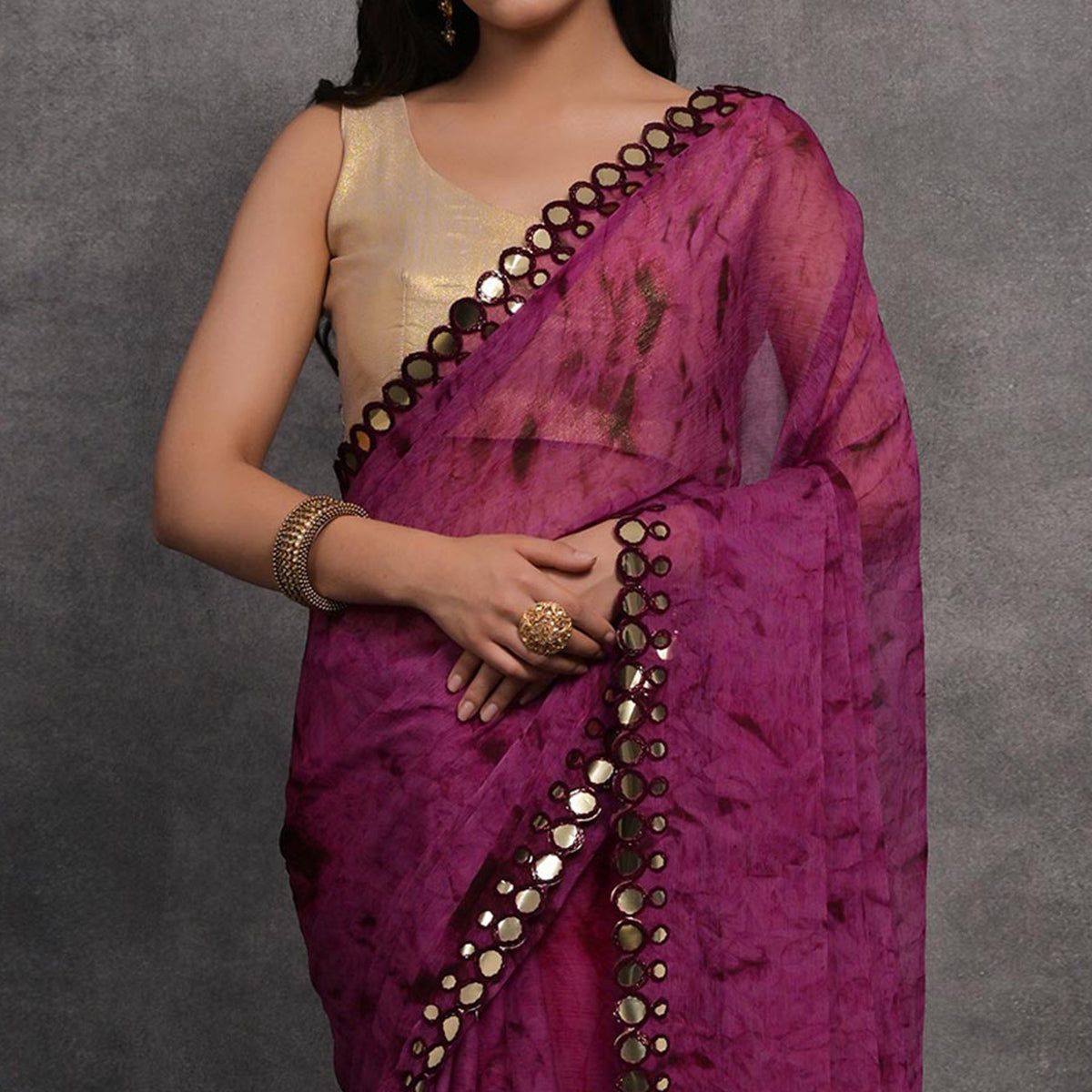 Purple Printed With Mirror Work Georgette Saree
