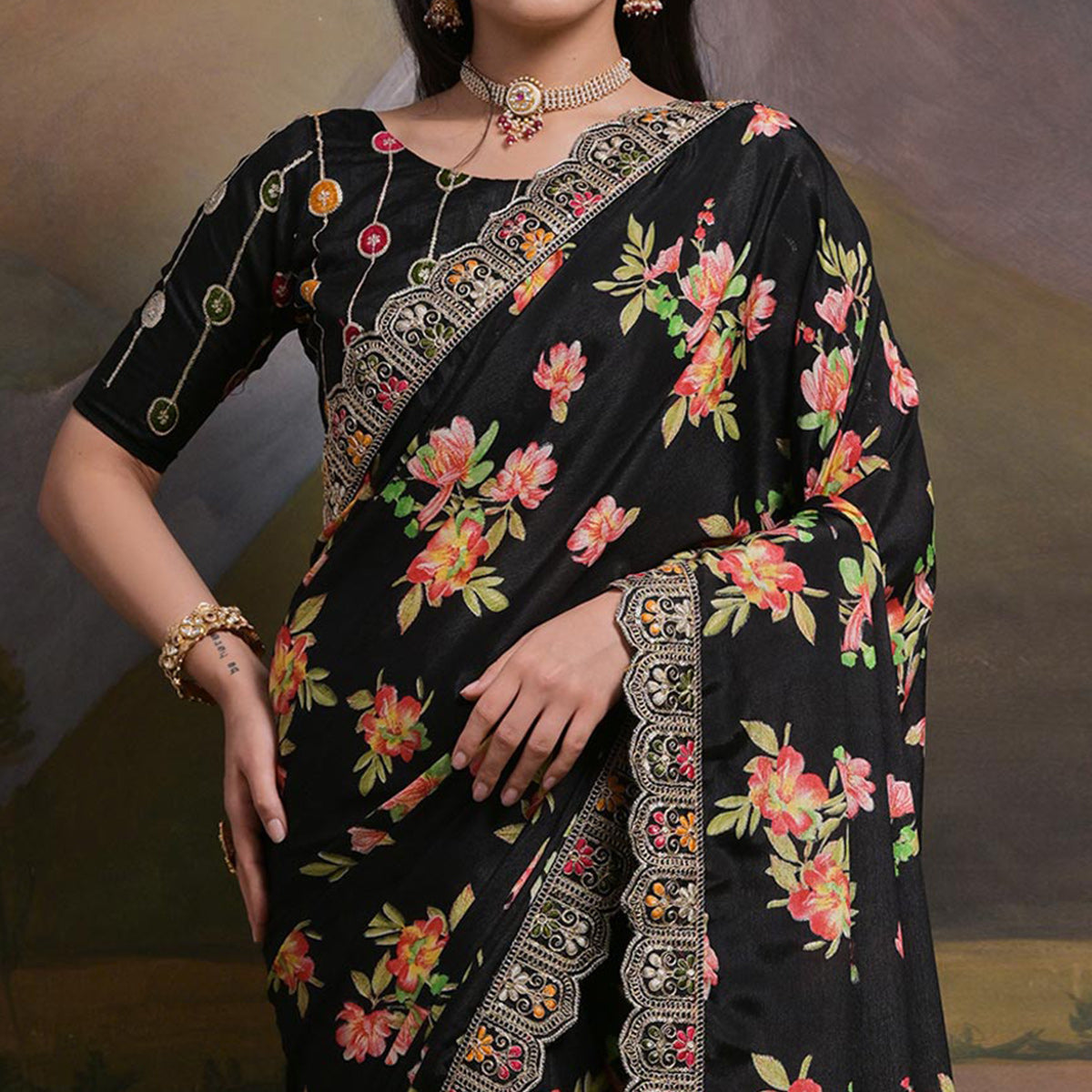 Black Floral Printed Chinon Saree With Embroidered Border