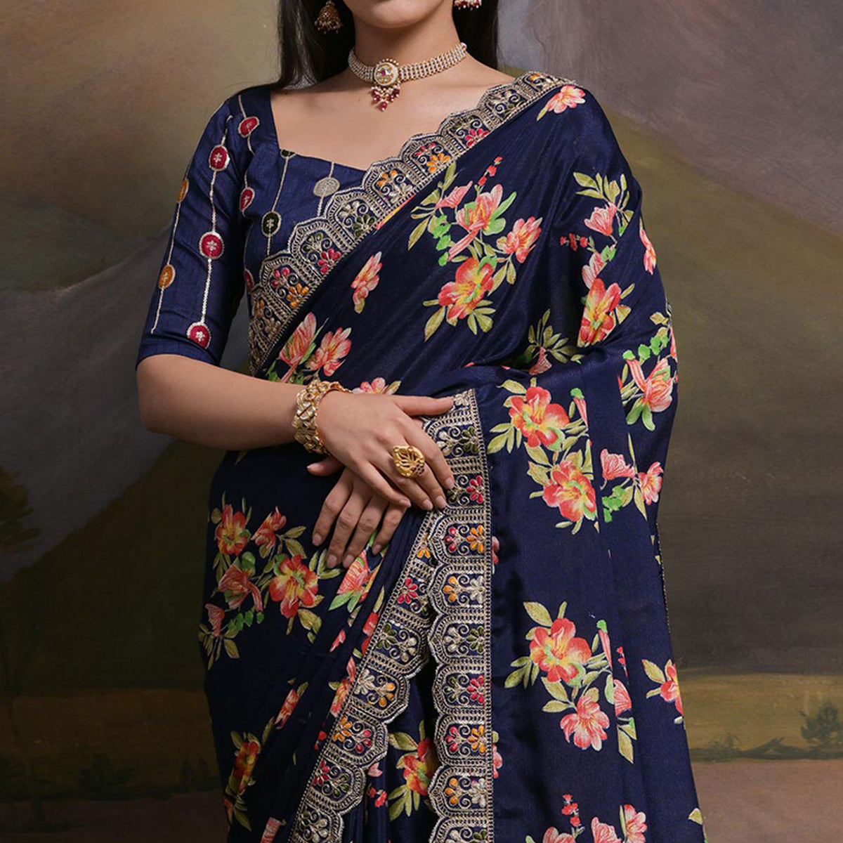 Navy Blue Floral Printed Chinon Saree With Embroidered Border