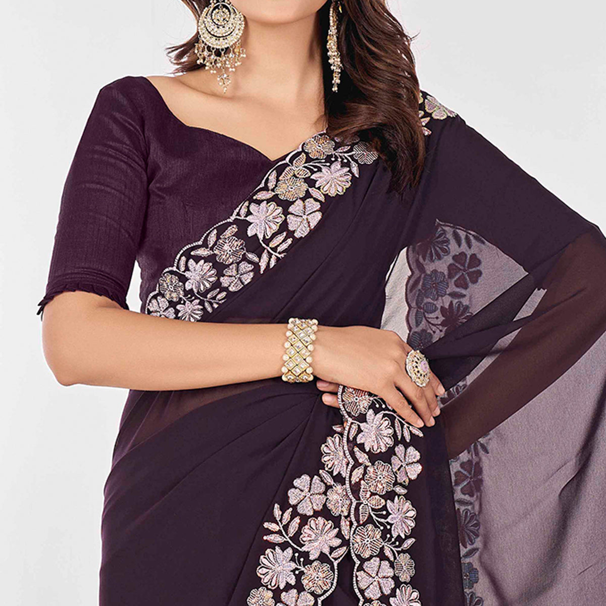 Wine Sequins Embroidered Georgette Saree
