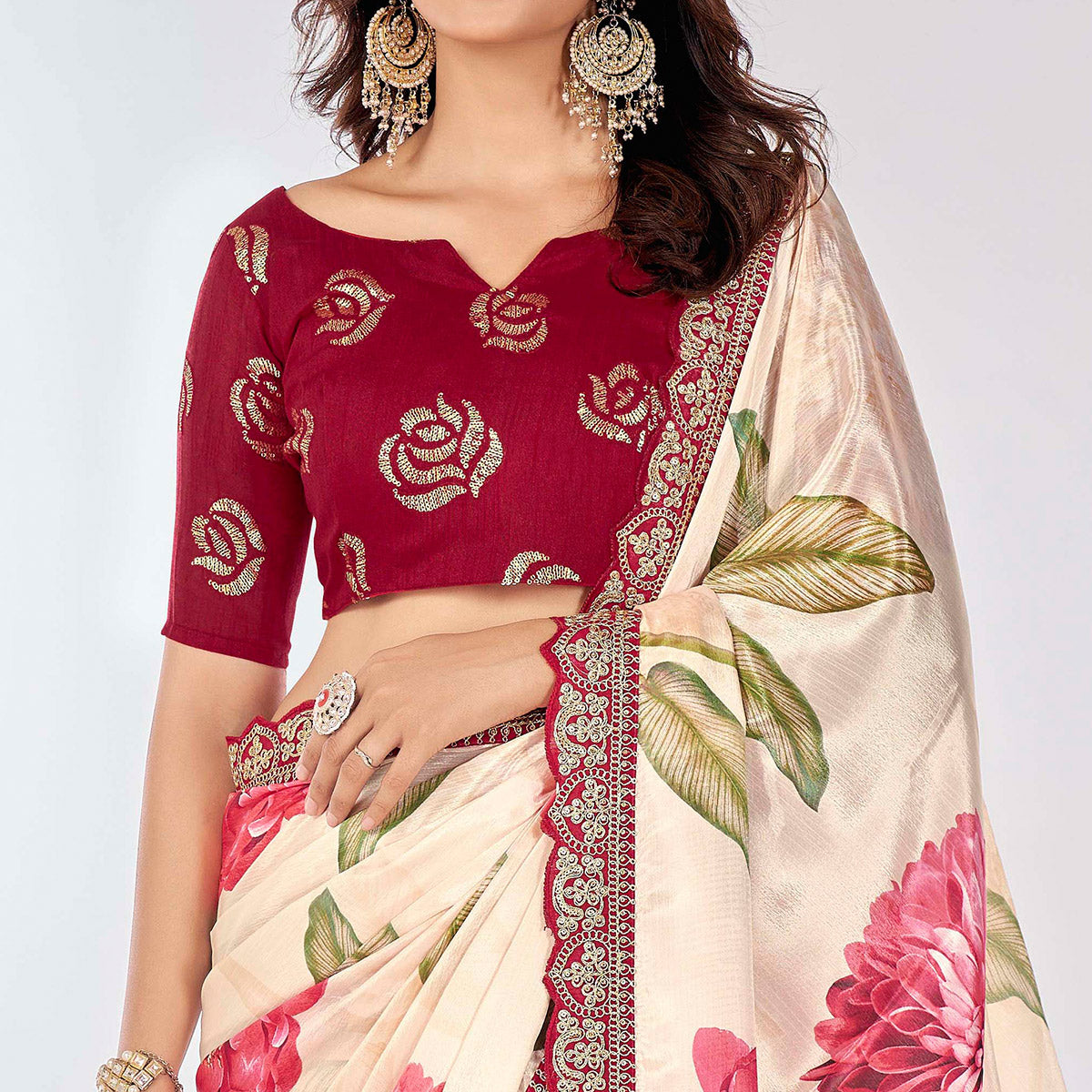 Off White Floral Printed Chinon Saree