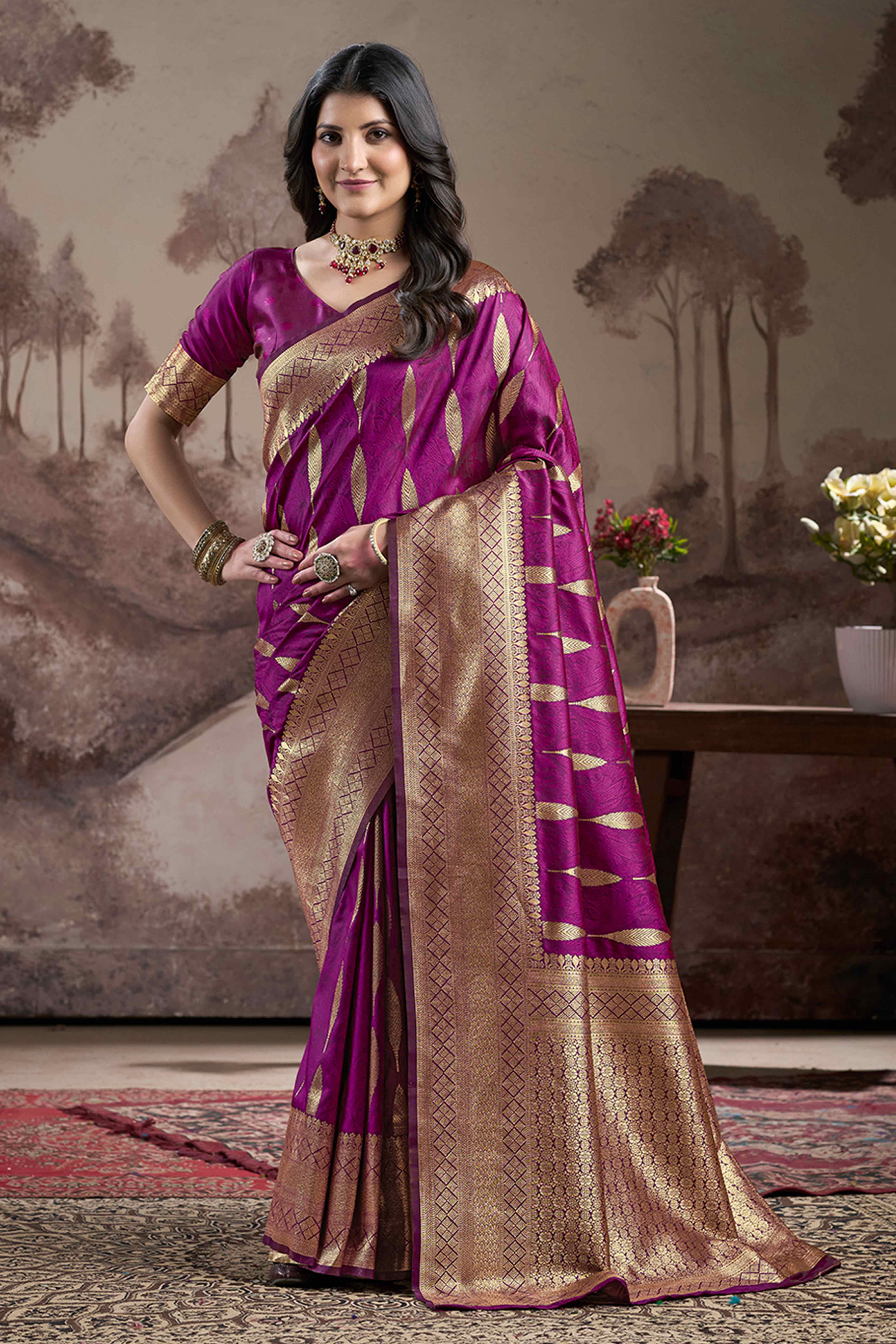 Purple Floral Woven Jacquard Silk Saree