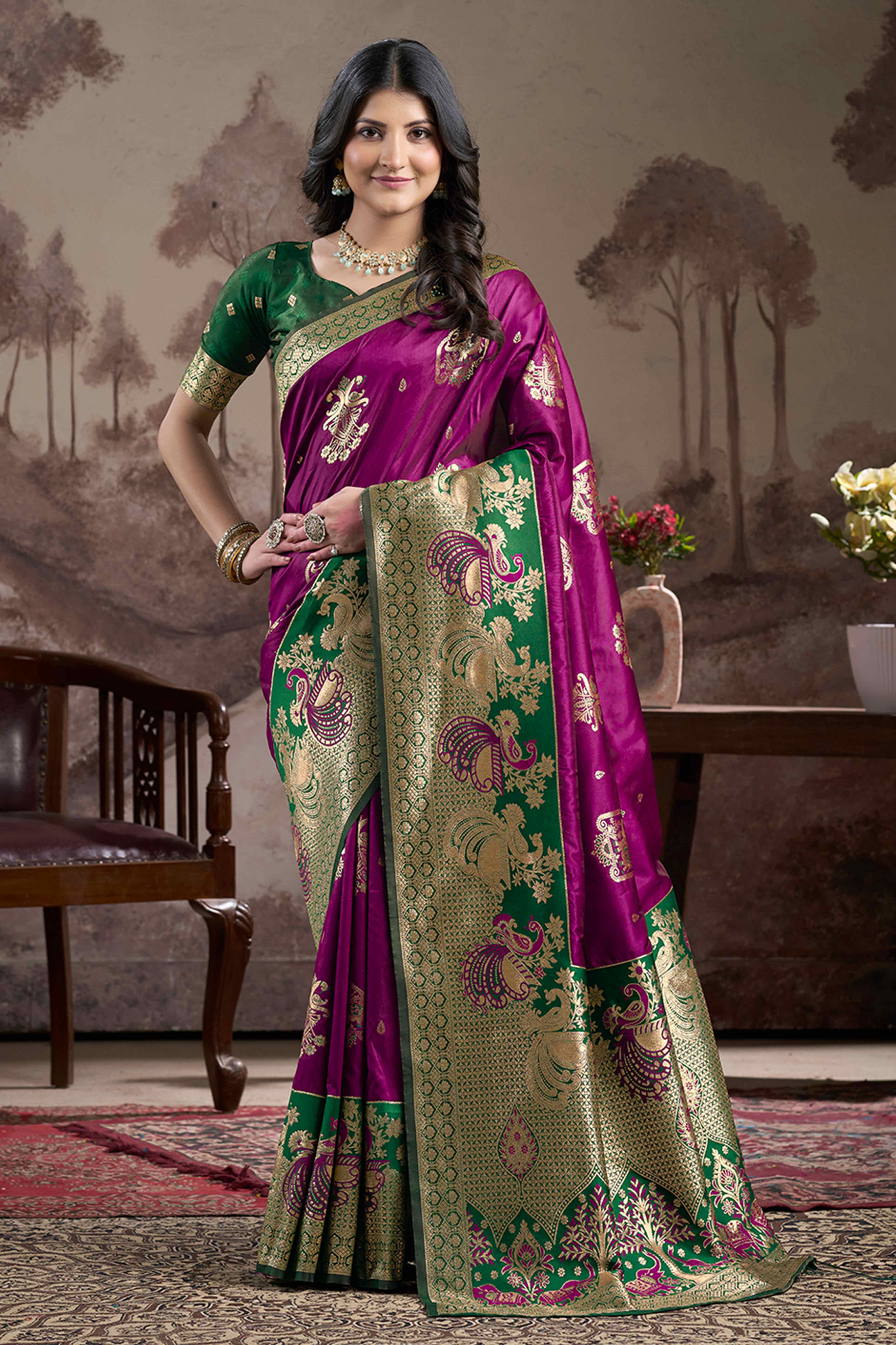 Purple Floral Woven Jacquard Silk Saree