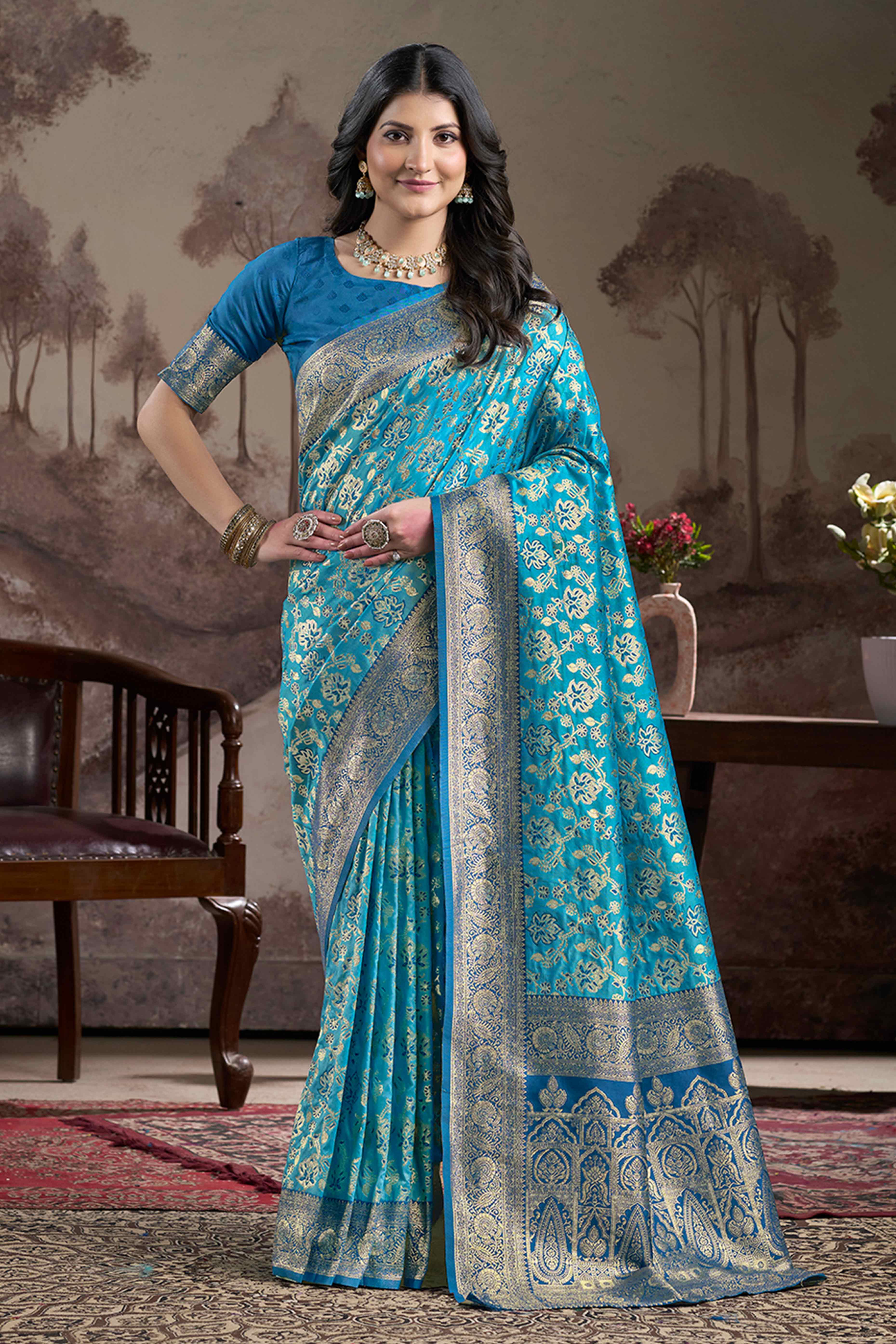 Blue Floral Woven Jacquard Silk Saree