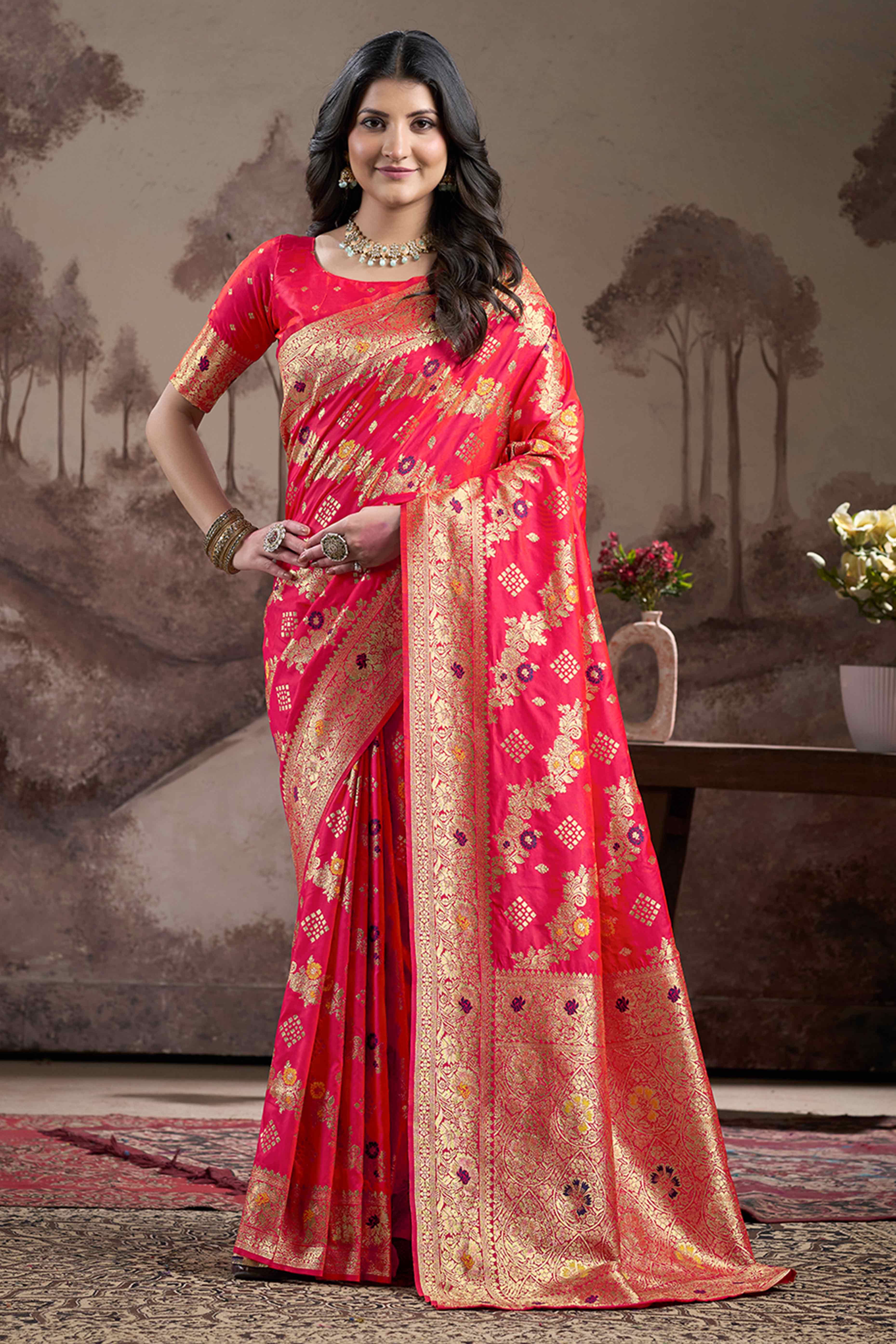 Pink Floral Woven Jacquard Silk Saree
