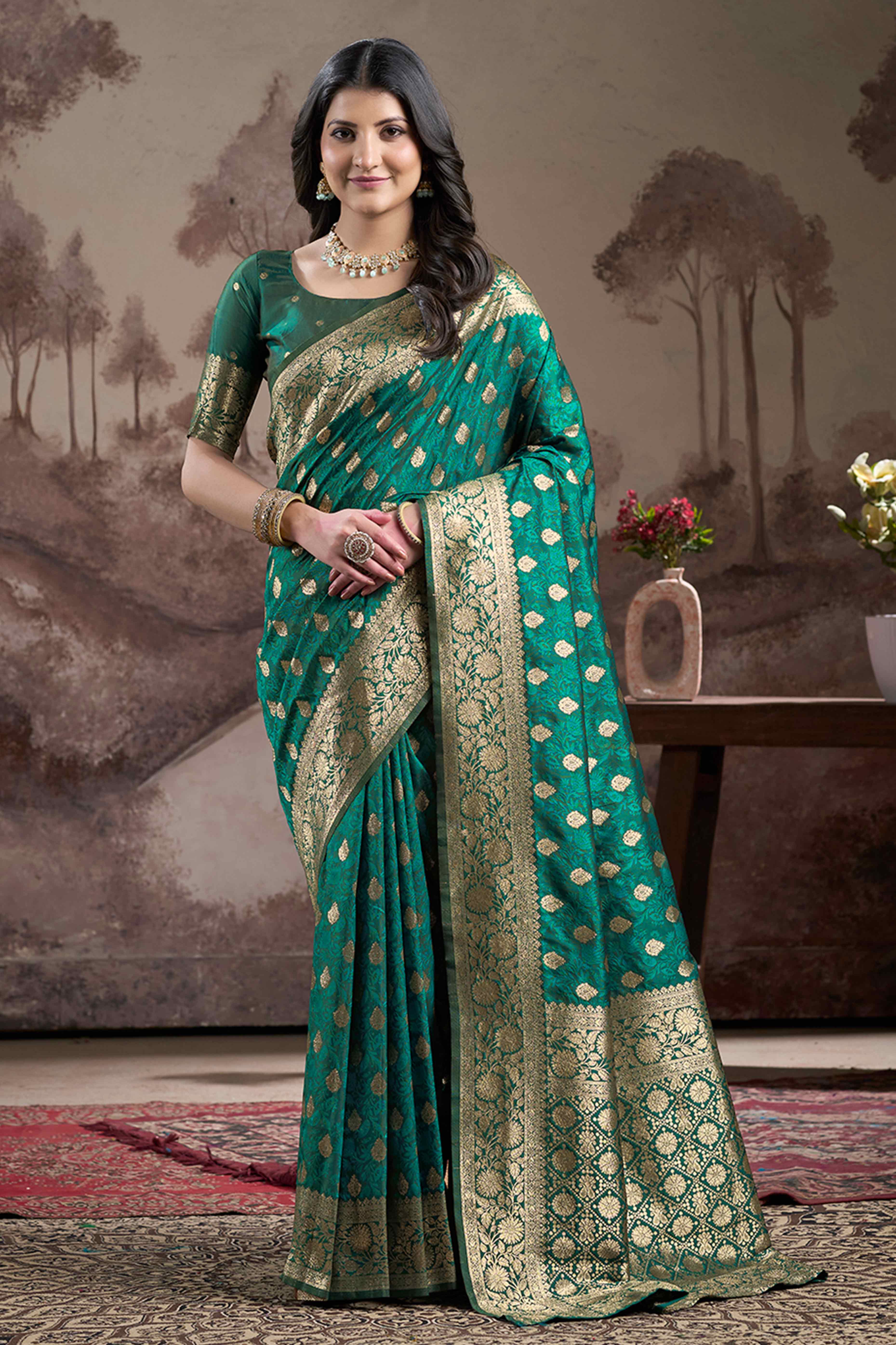 Rama Green Floral Woven Jacquard Silk Saree