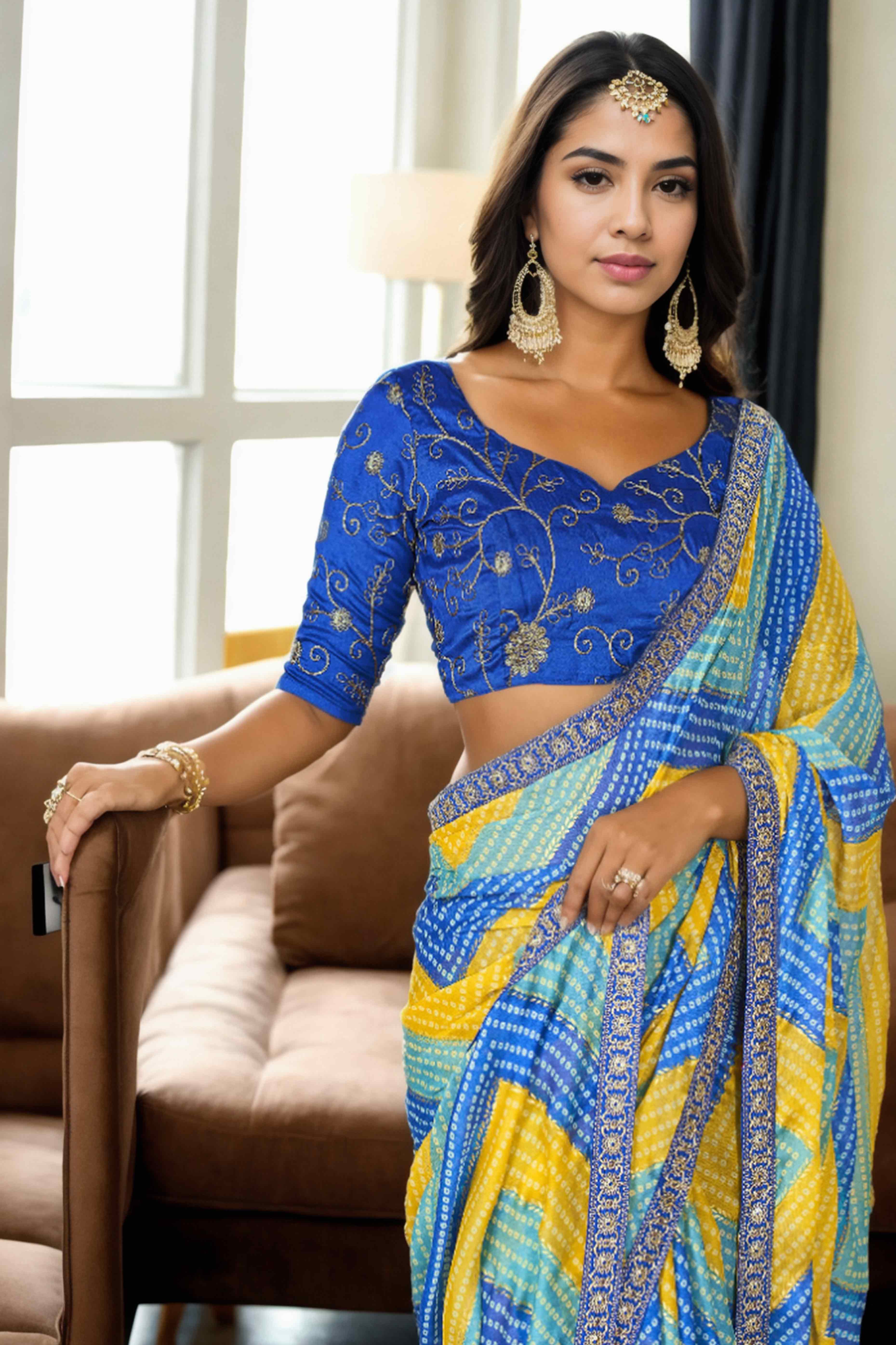 Blue & Yellow Bandhani Digital Printed Chinon Saree With Embroidered Border