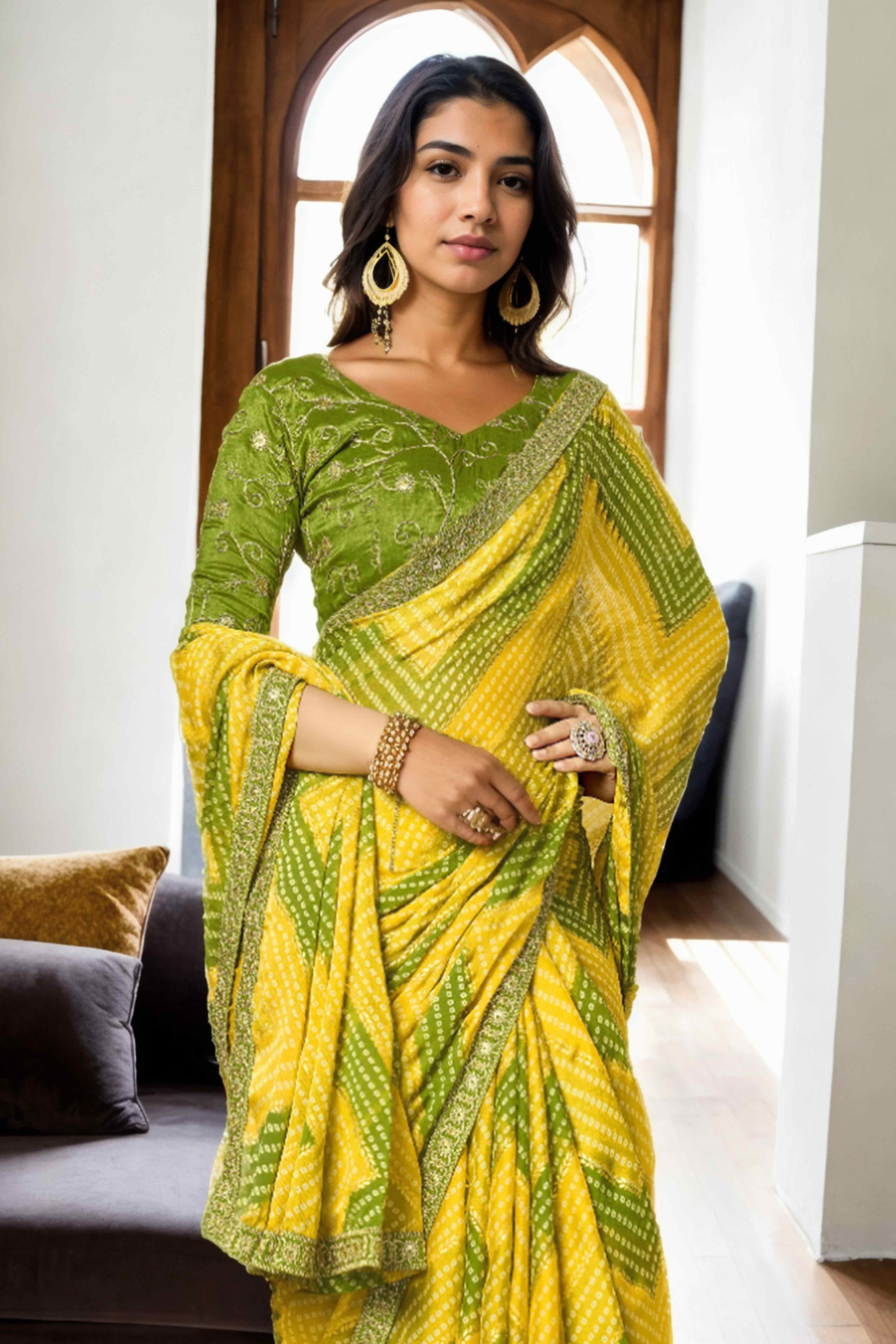 Green & Yellow Bandhani Digital Printed Chinon Saree With Embroidered Border