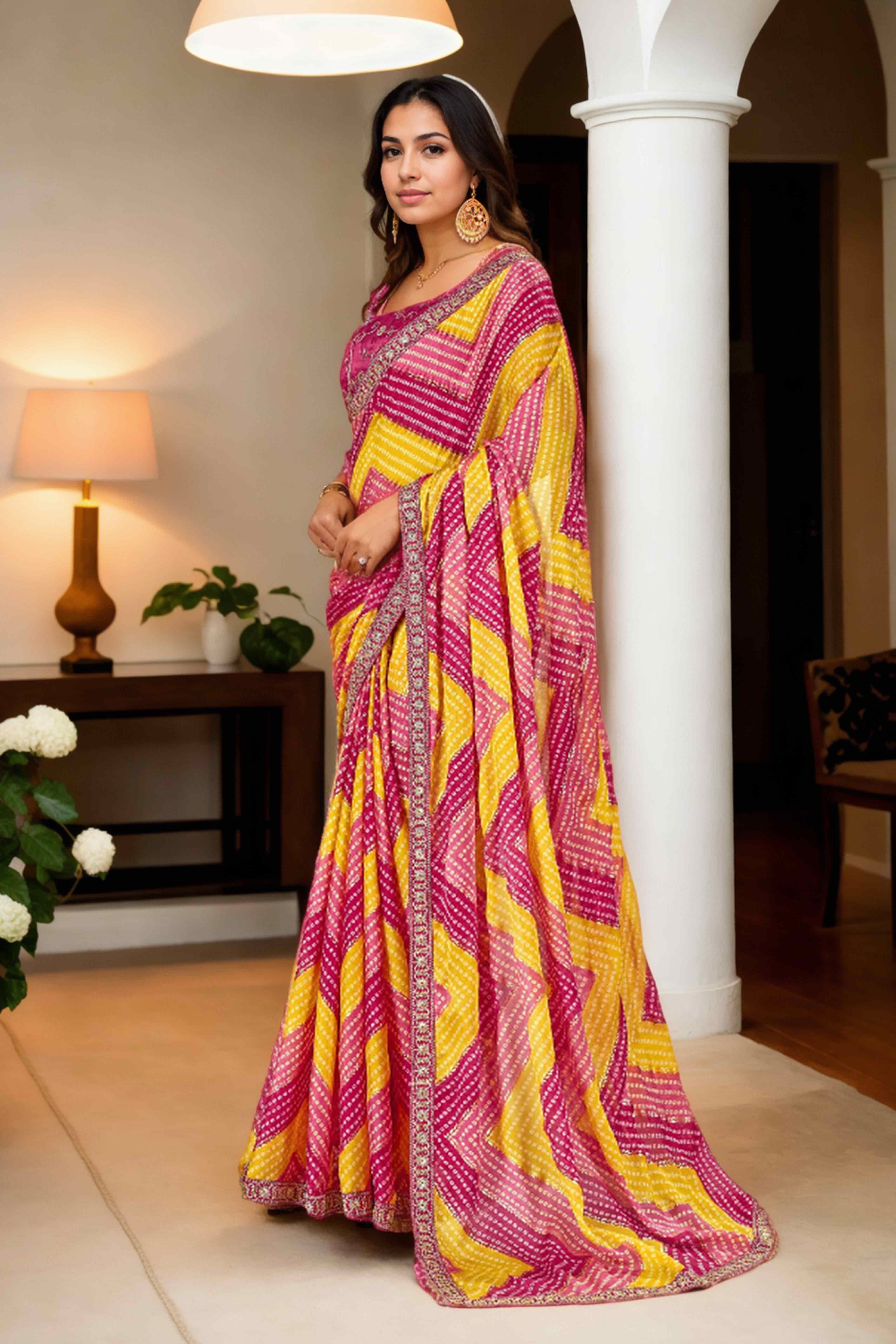 Pink & Yellow Bandhani Digital Printed Chinon Saree With Embroidered Border