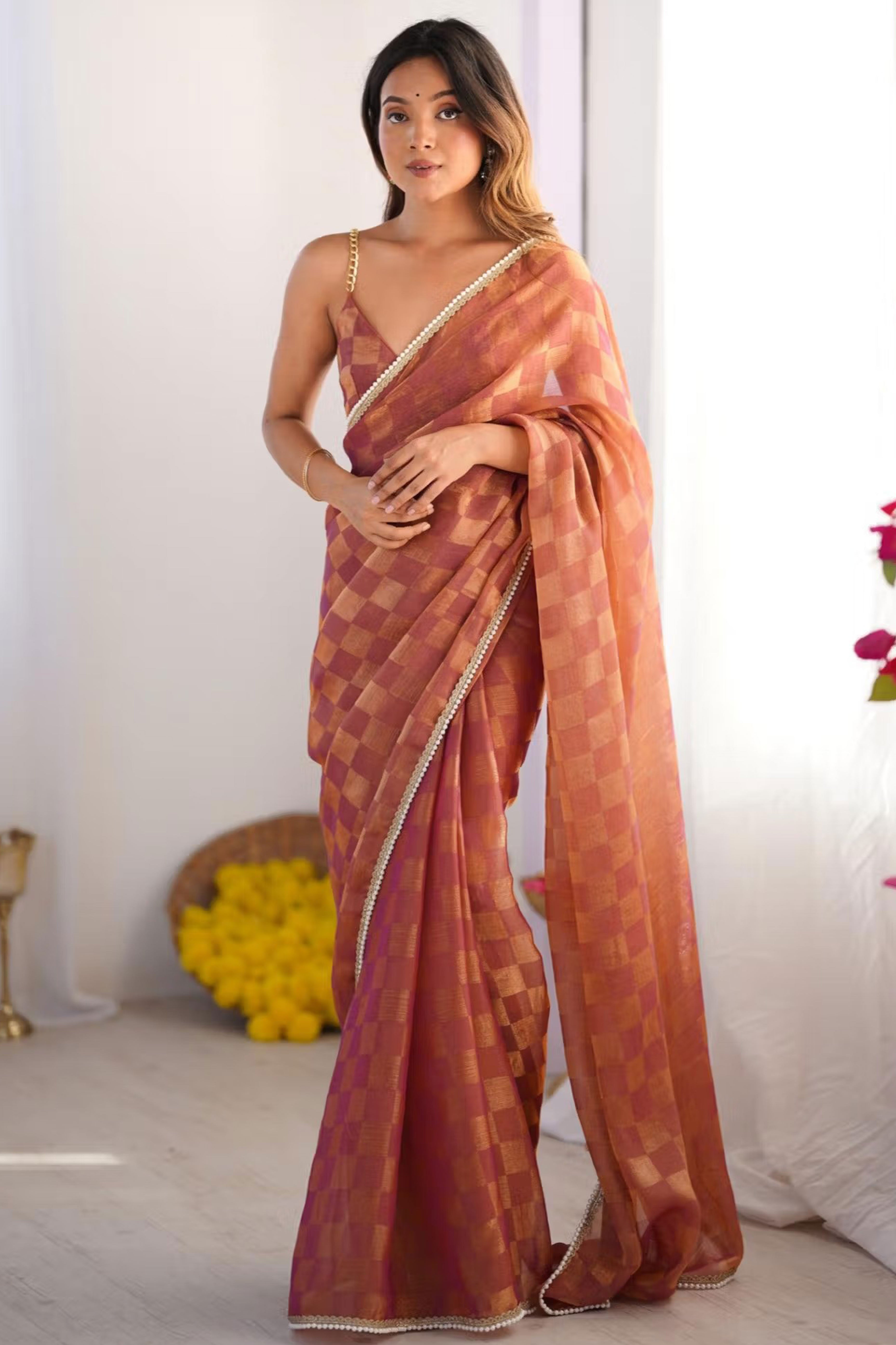 Orange Checks Weaving Chiffon Saree With Refined Moti Lace Border