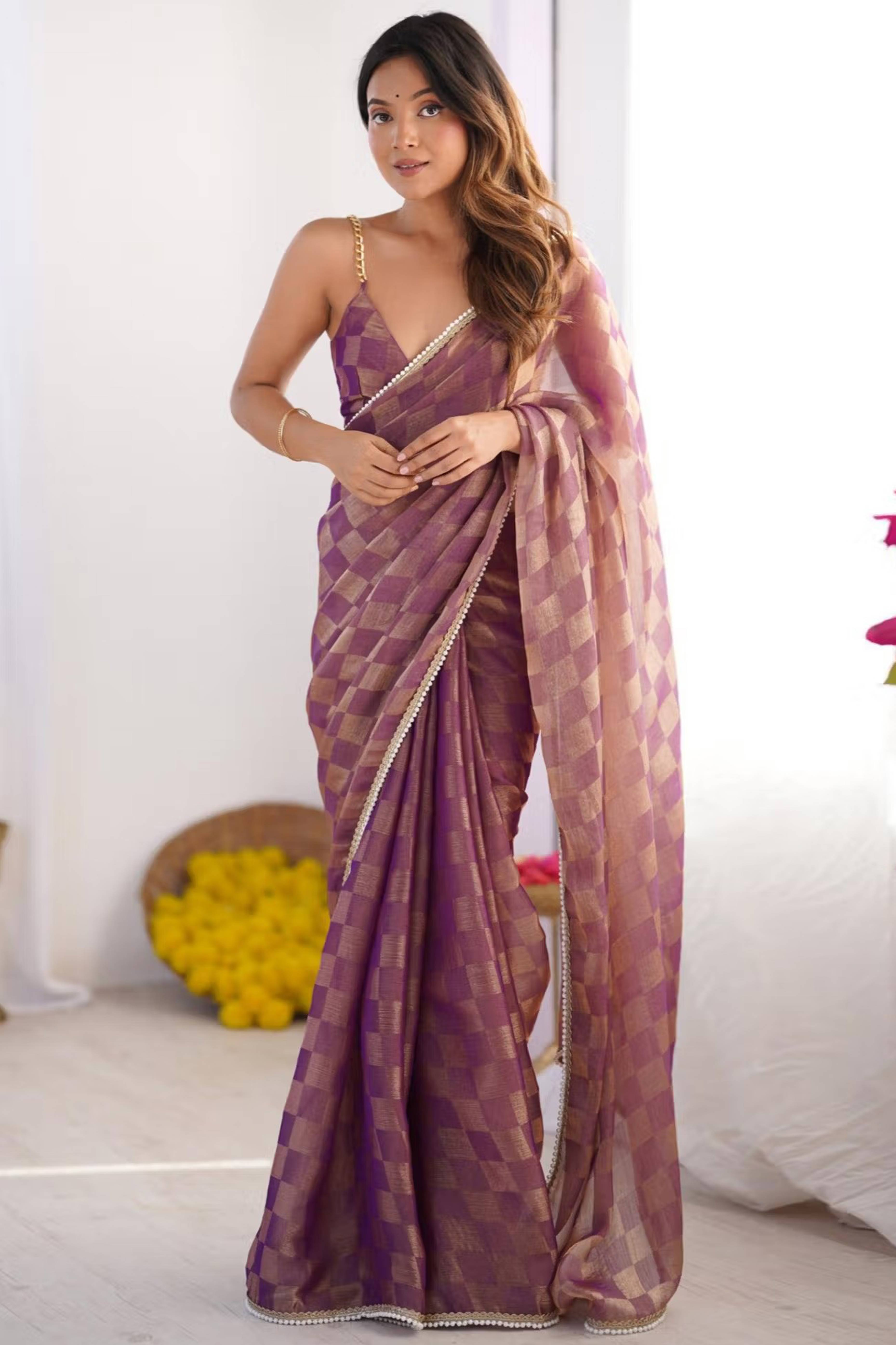 Purple Checks Weaving Chiffon Saree With Refined Moti Lace Border