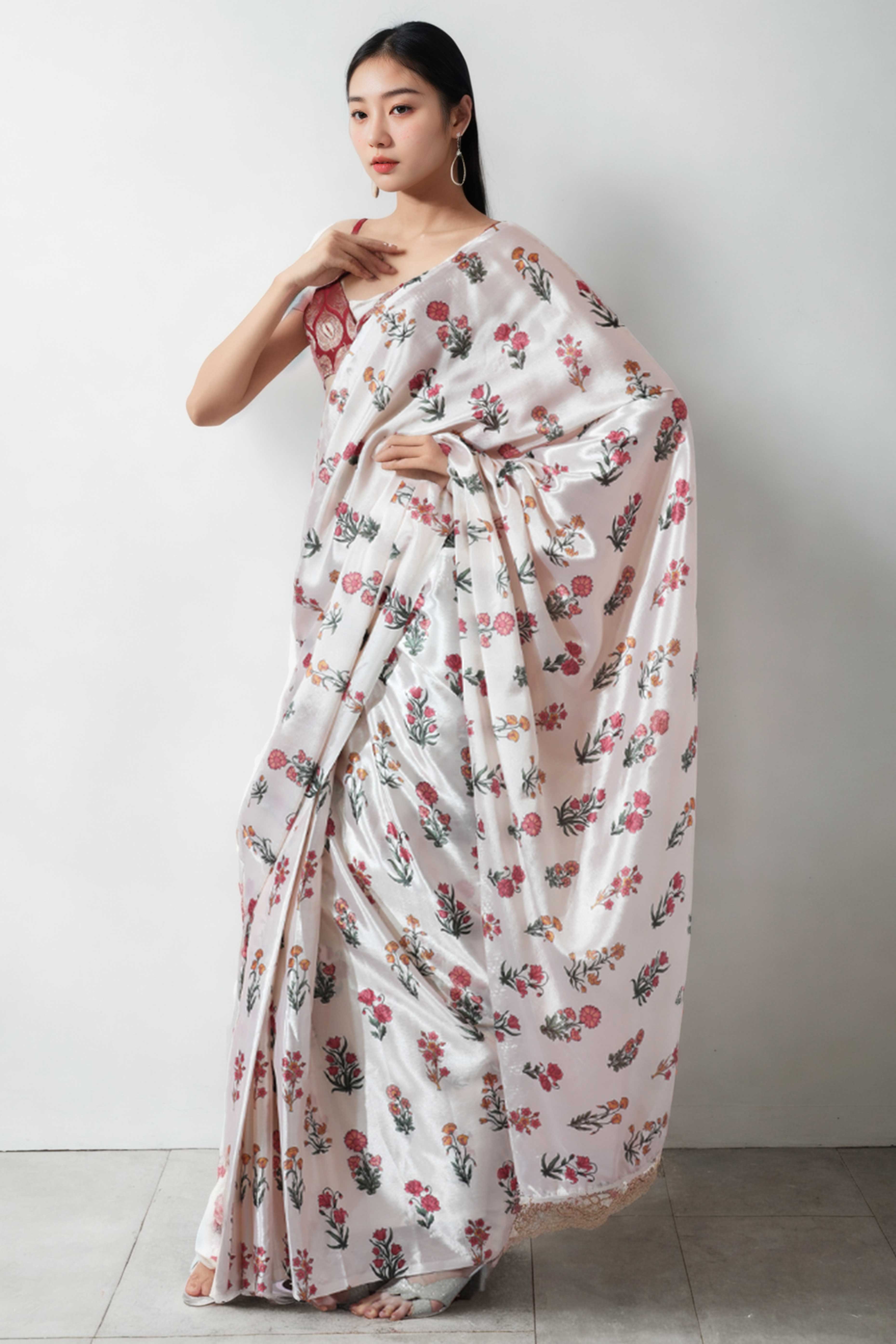 Offwhite Floral Digital Printed With Lace Border Pallu Chinon Ready To Wear Saree