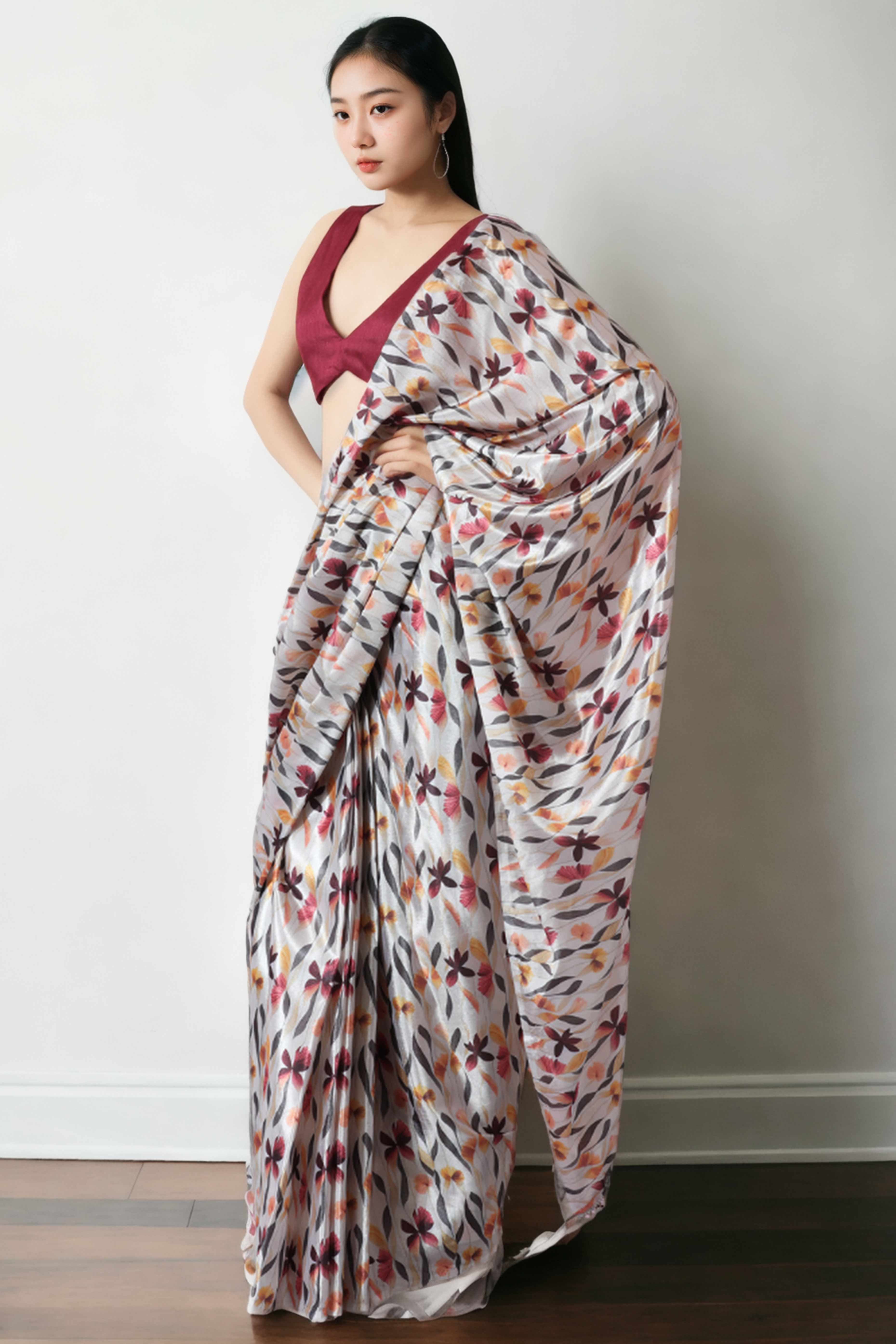 Beige Floral Digital Printed With Lace Border Pallu Chinon Ready To Wear Saree