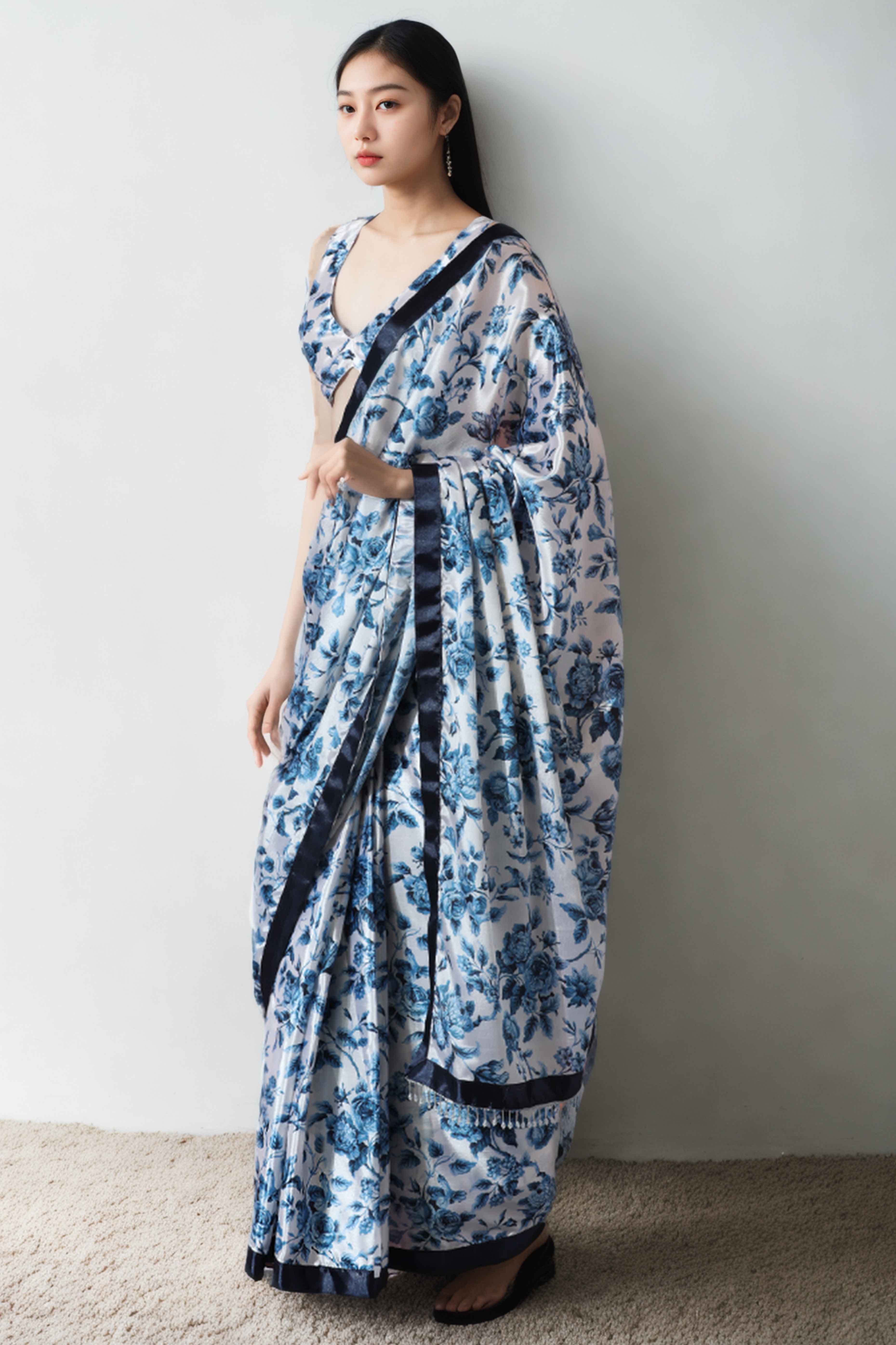 White & Blue Floral Digital Printed With Lace Border Pallu Chinon Ready To Wear Saree