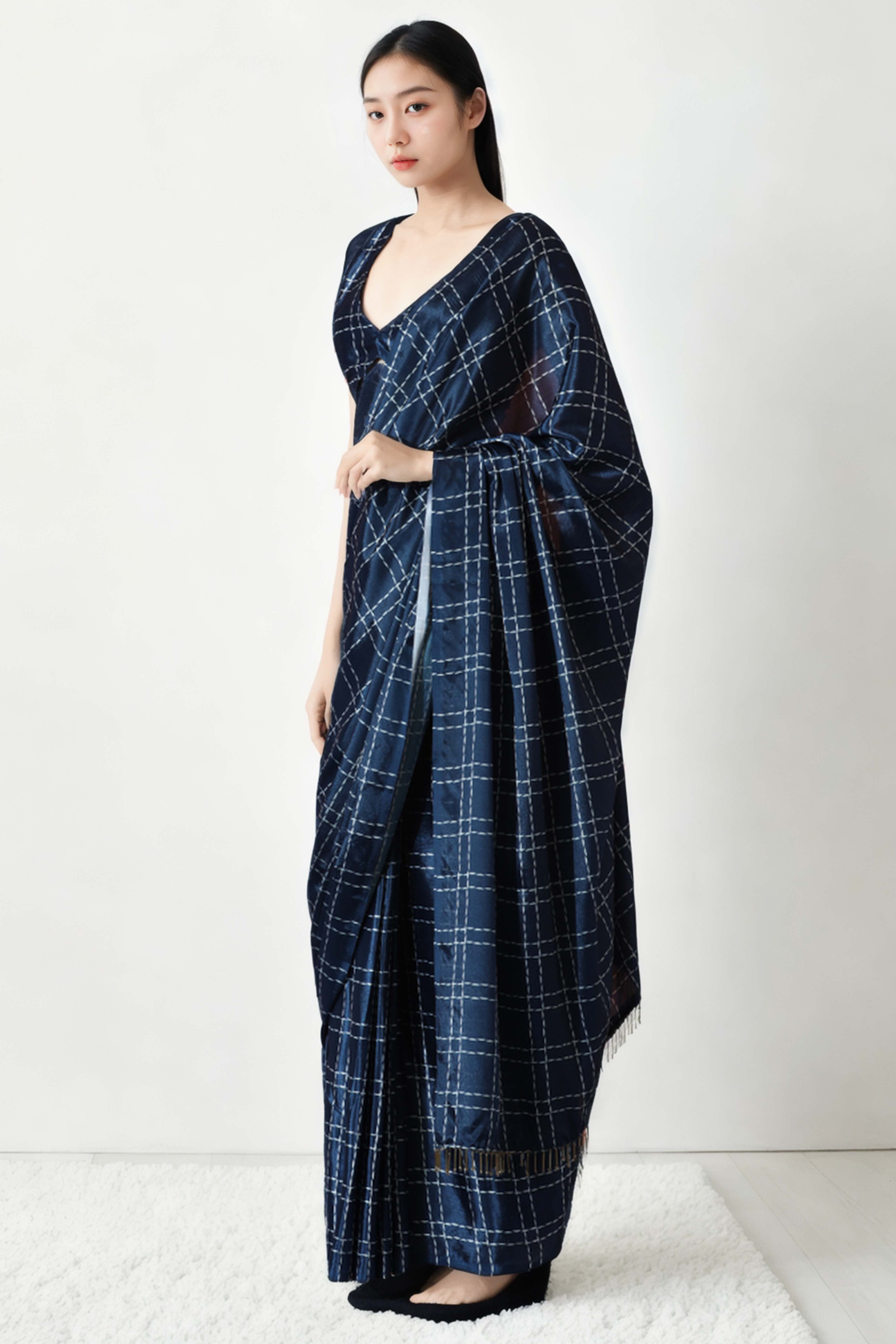 Navy Blue Digital Printed With Lace Border Pallu Chinon Ready To Wear Saree