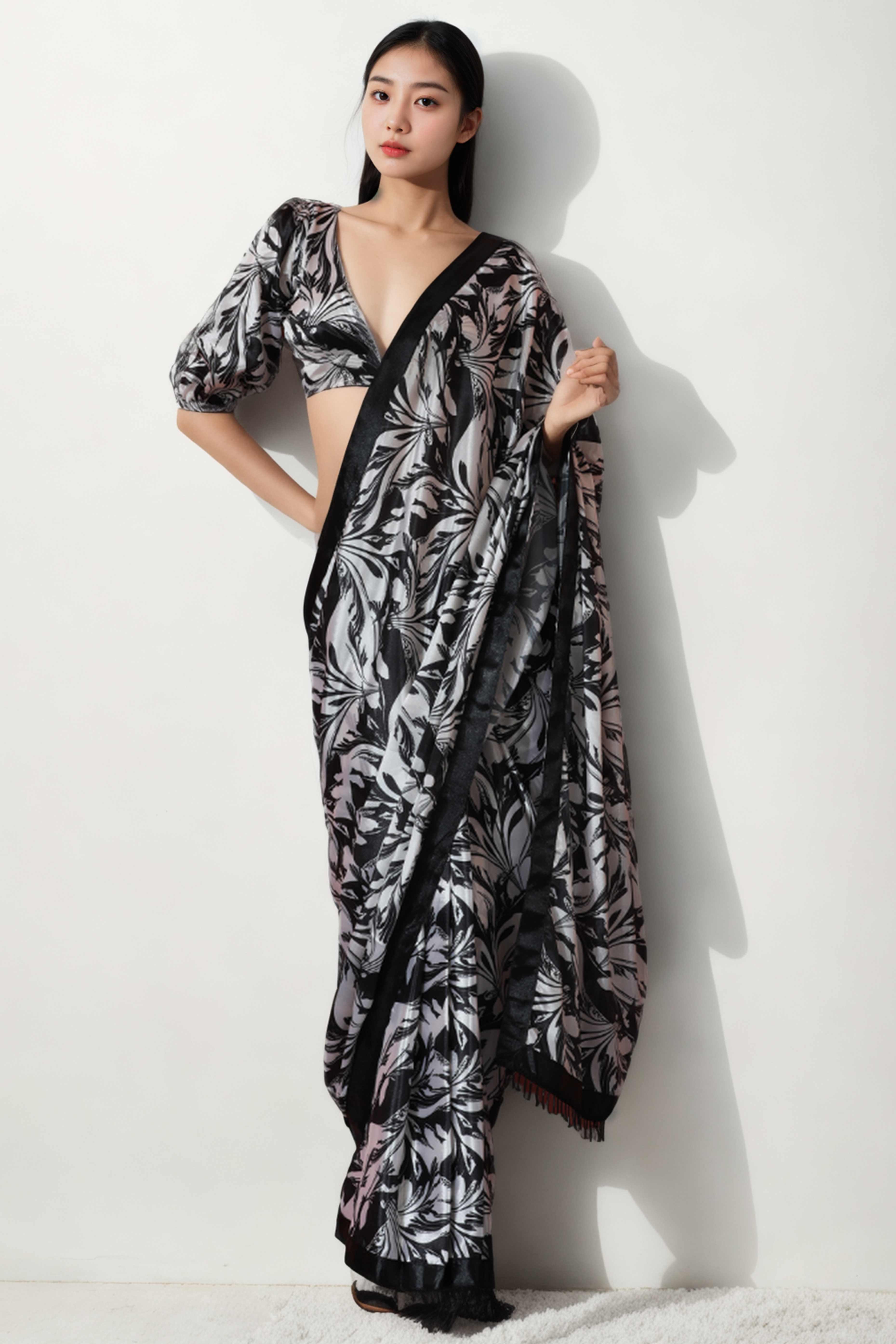 Black & White Floral Digital Printed With Lace Border Pallu Chinon Ready To Wear Saree