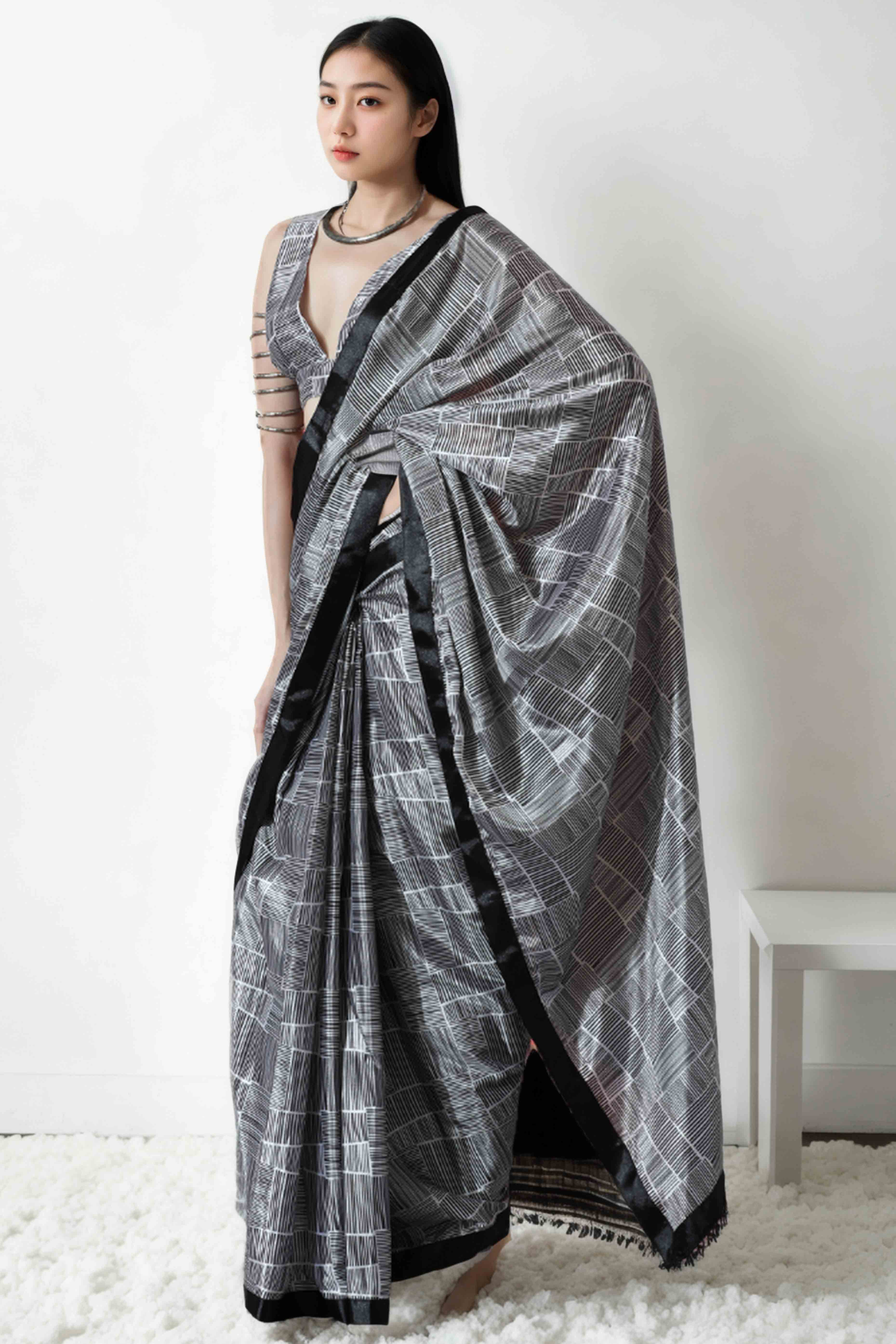 Black Digital Printed With Lace Border Pallu Chinon Ready To Wear Saree
