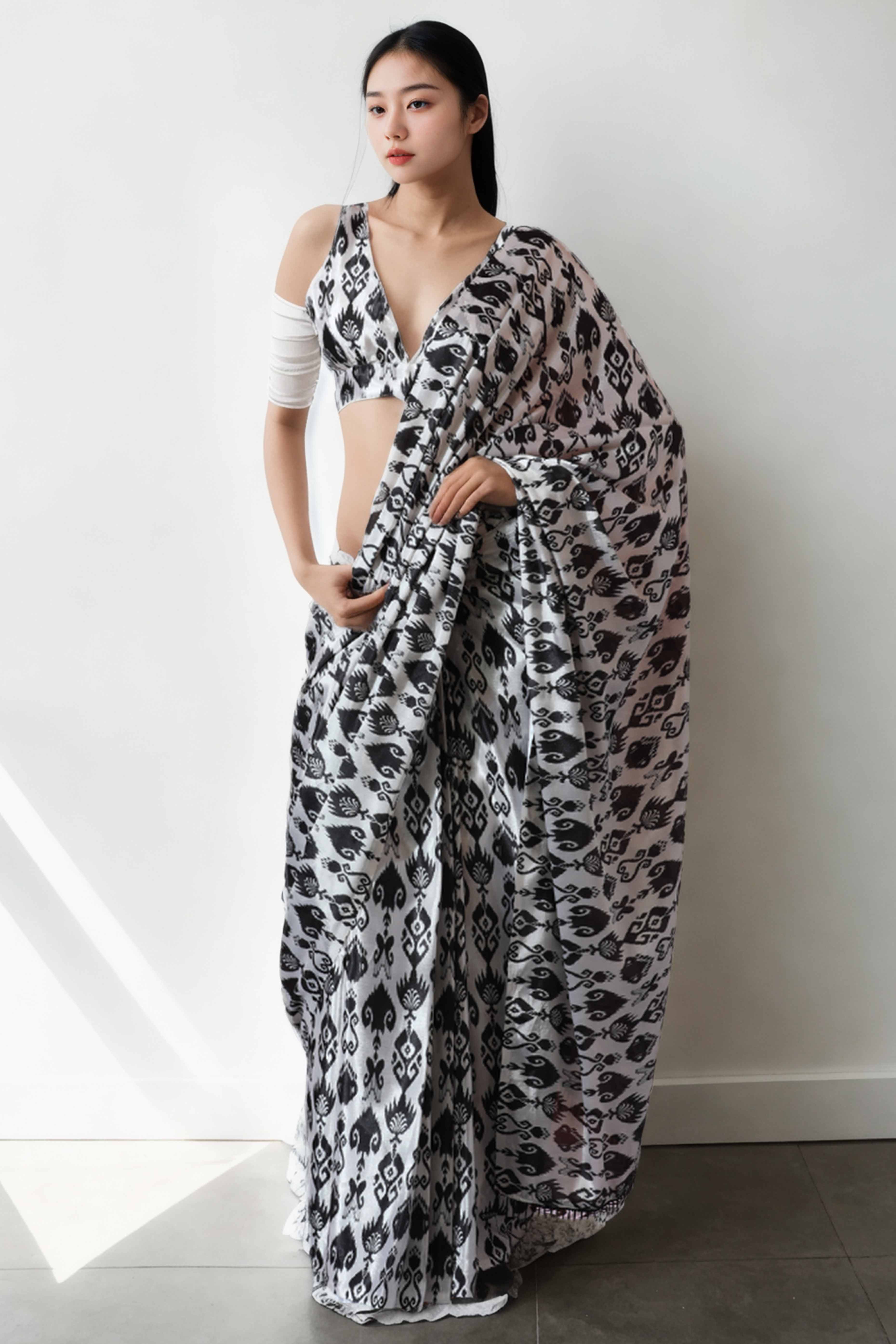 White & Black Digital Printed With Lace Border Pallu Chinon Ready To Wear Saree