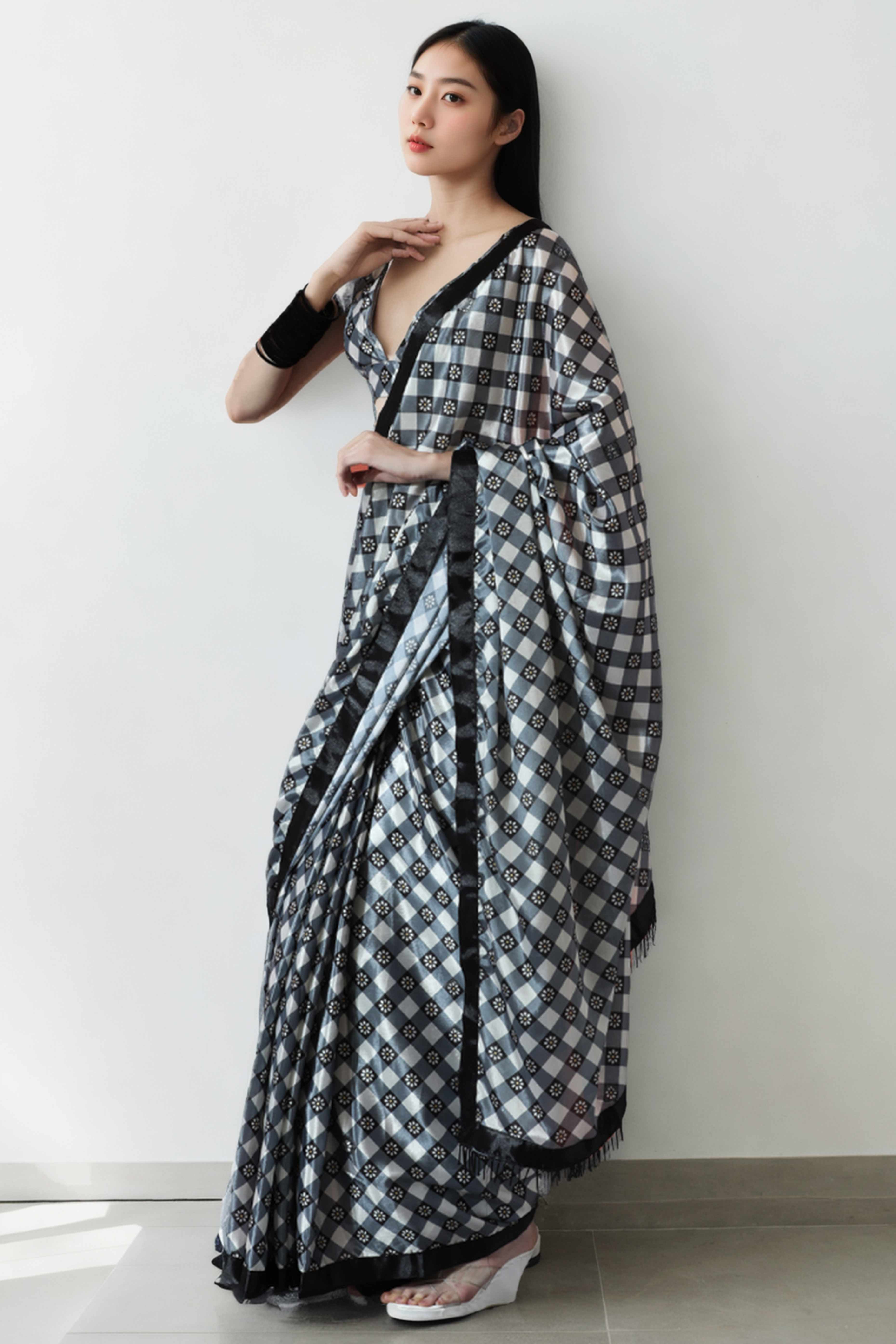 Grey & Black Floral Digital Printed With Lace Border Pallu Chinon Ready To Wear Saree