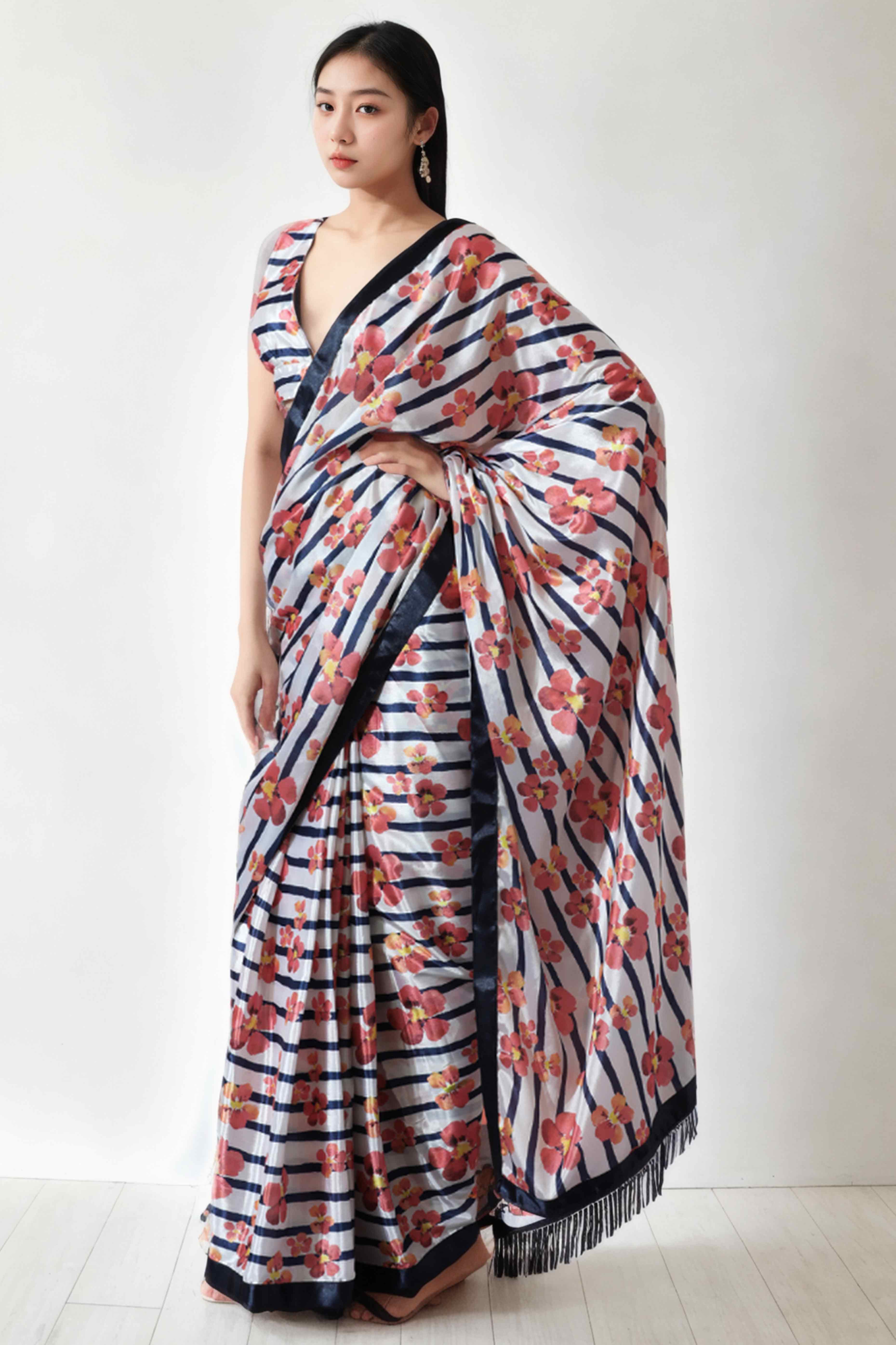 White & Blue Floral Digital Printed With Lace Border Pallu Chinon Ready To Wear Saree