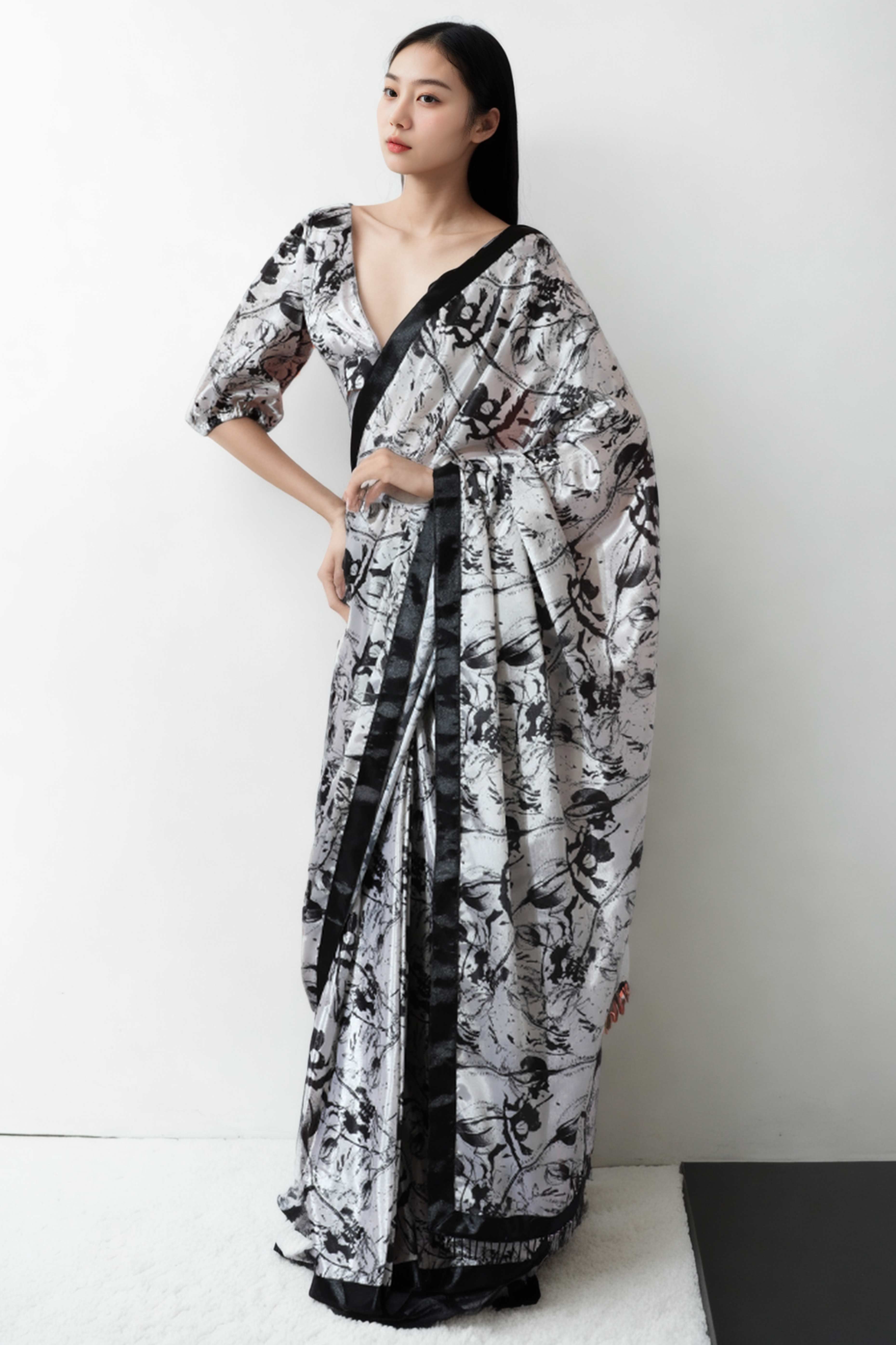 White & Black Digital Printed With Intricate Lace Border Pallu Chinon Ready To Wear Saree