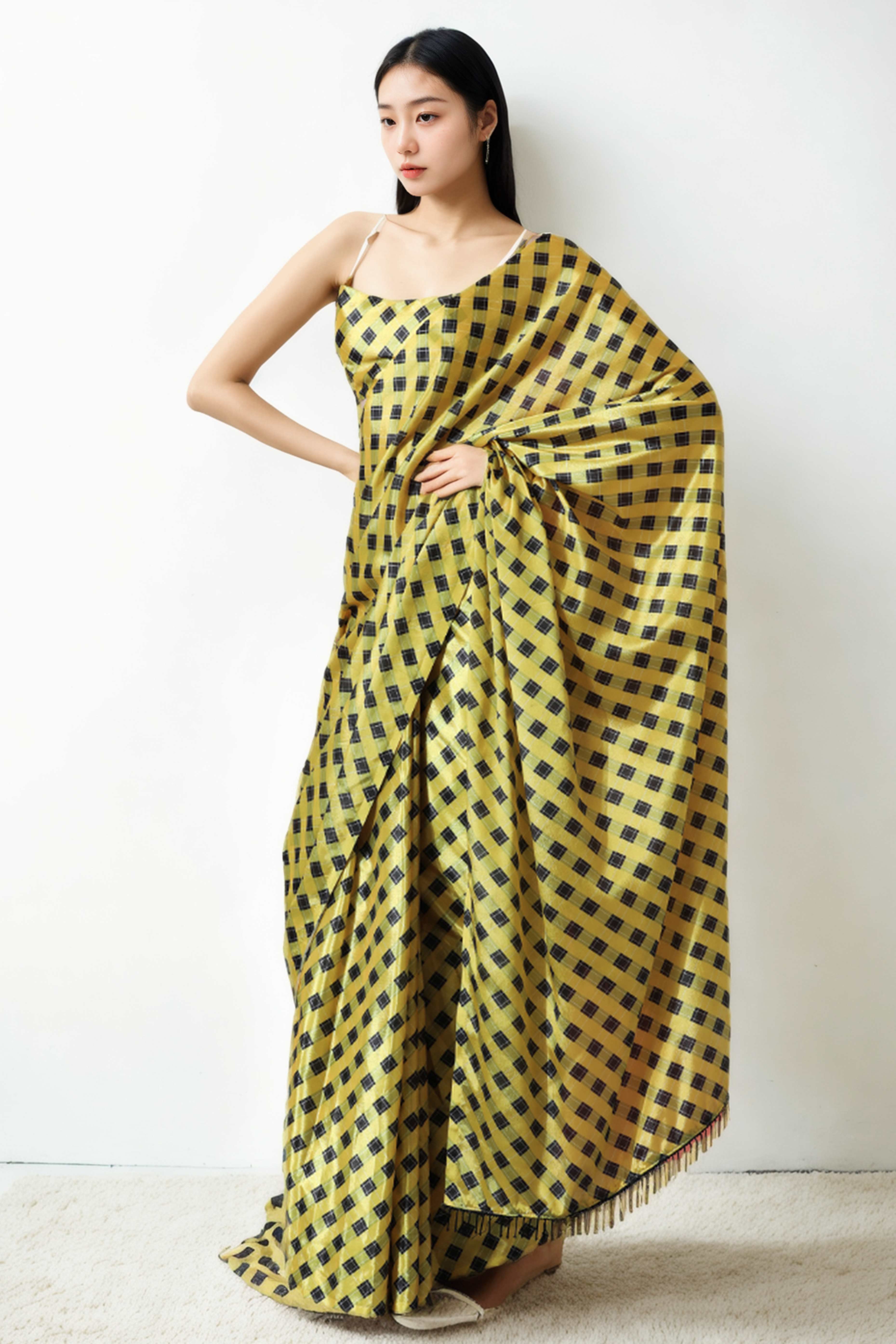 Yellow Checks Digital Printed With Intricate Lace Border Pallu Chinon Ready To Wear Saree