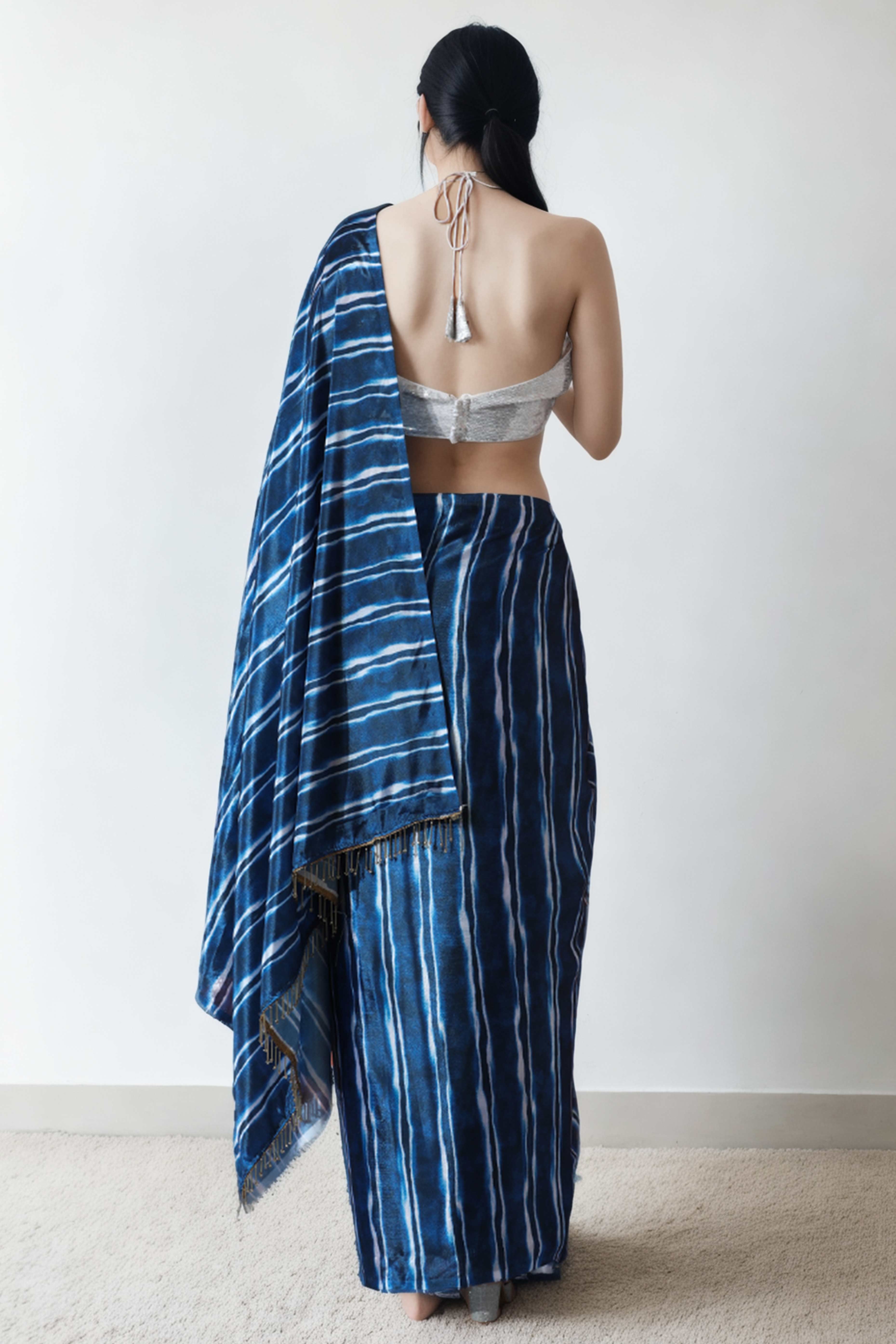 Blue Striped Digital Printed With Delicate Lace Border Pallu Chinon Ready To Wear Saree