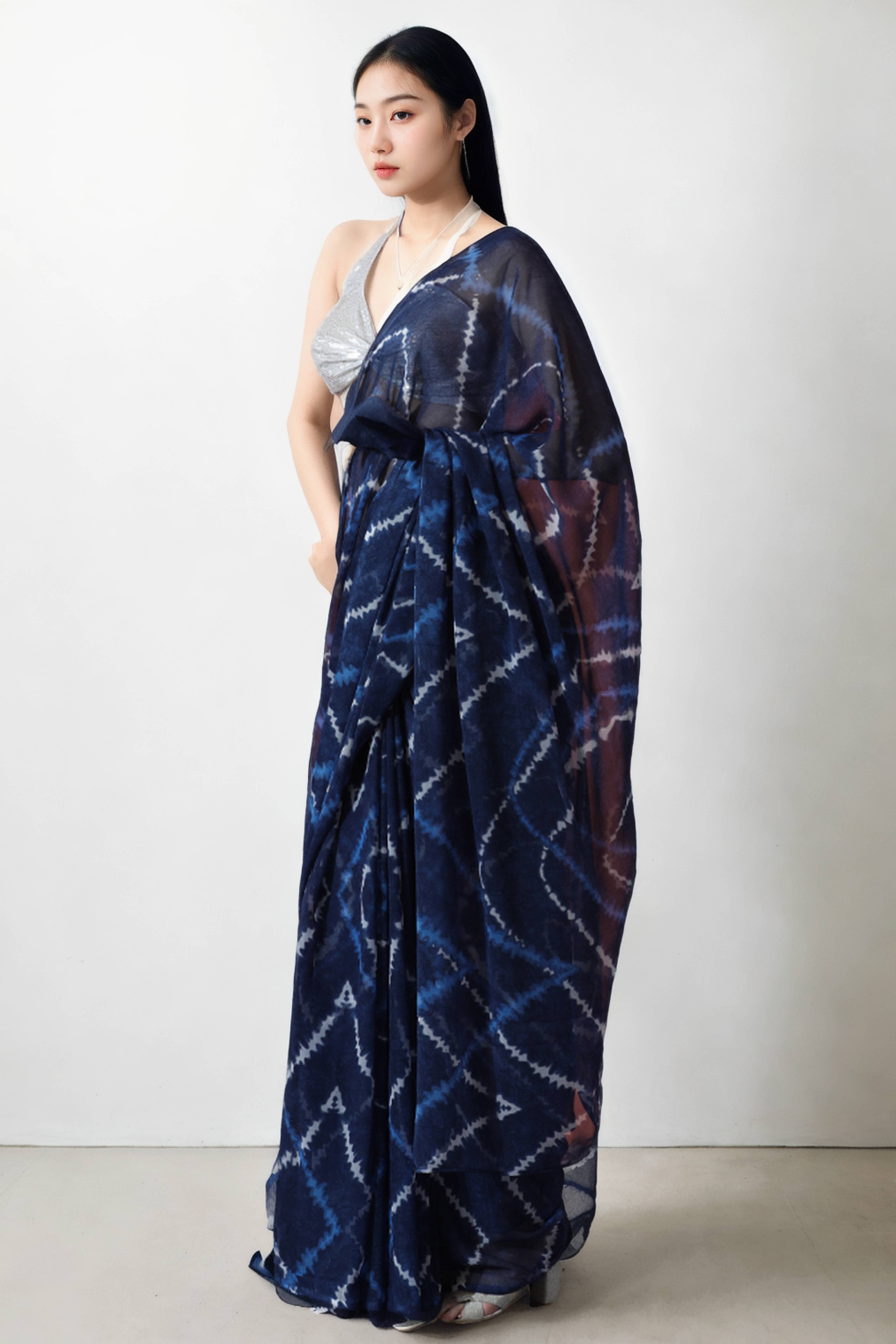 Navy Blue Printed Marbel Chiffon Ready To Wear Saree
