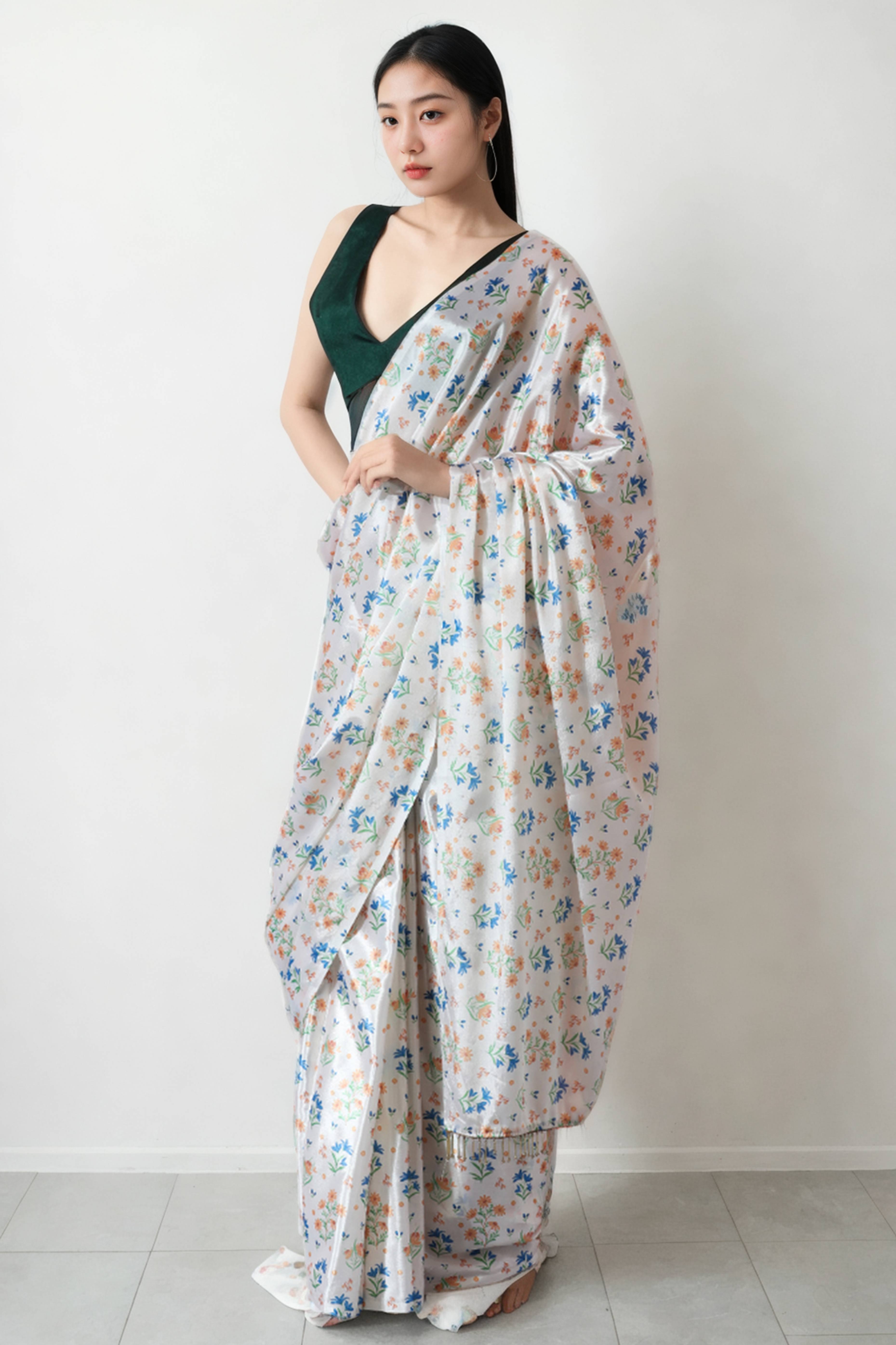 Offwhite Floral Digital Printed With Delicate Lace Border Pallu Chinon Ready To Wear Saree