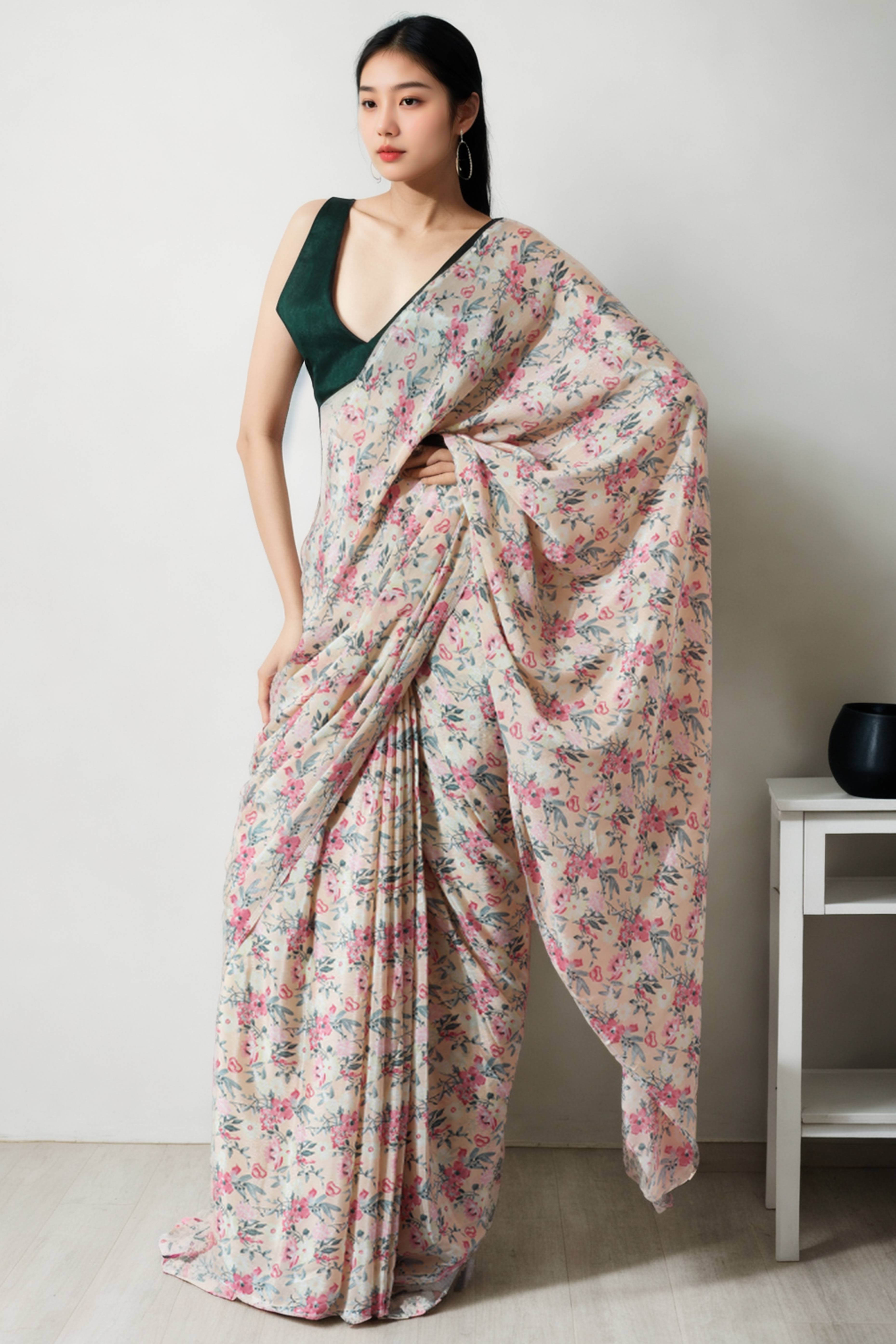 Cream Floral Digital Printed Chinon Ready To Wear Saree