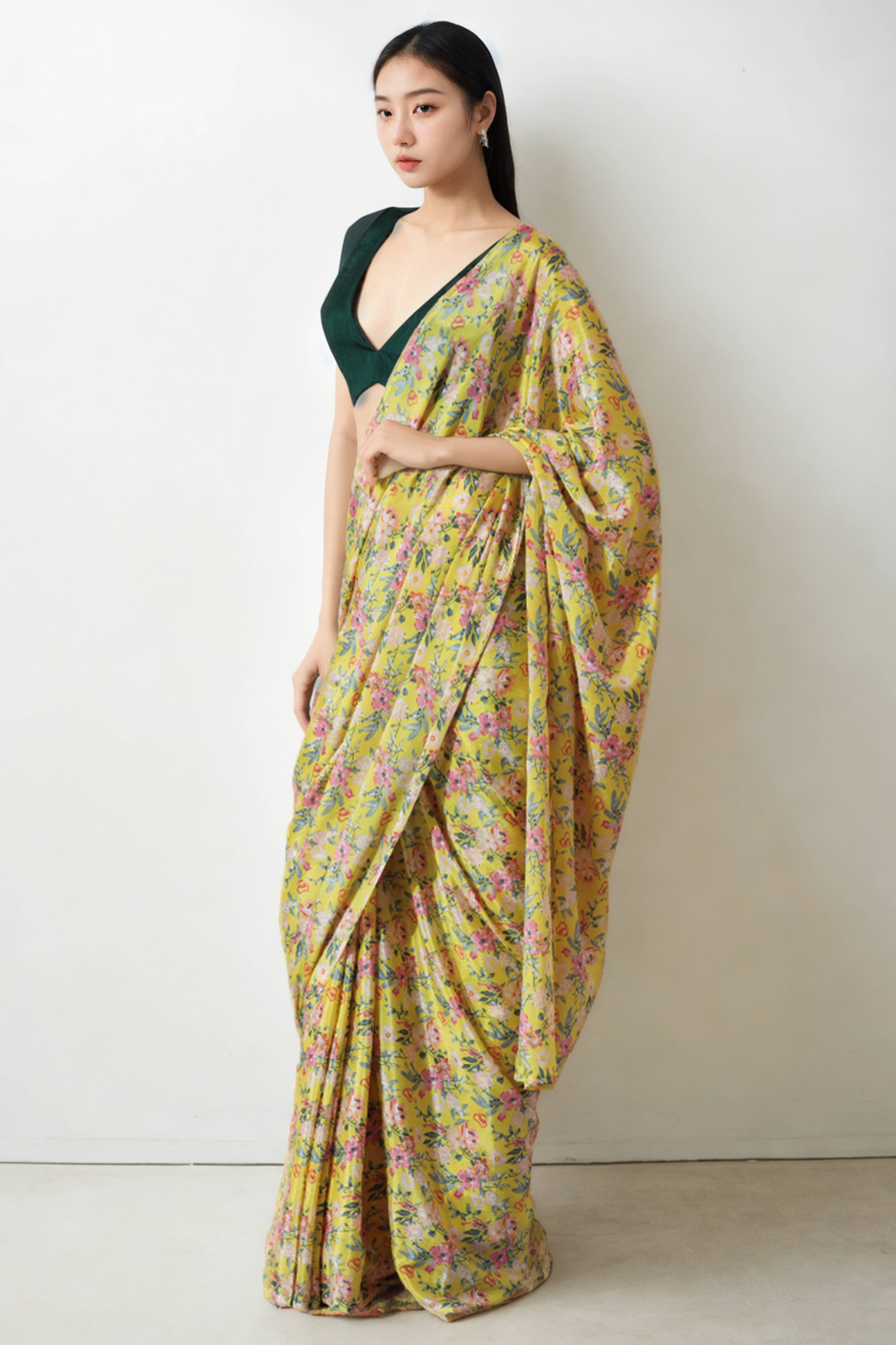 Lemon Yellow Floral Digital Printed Chinon Ready To Wear Saree
