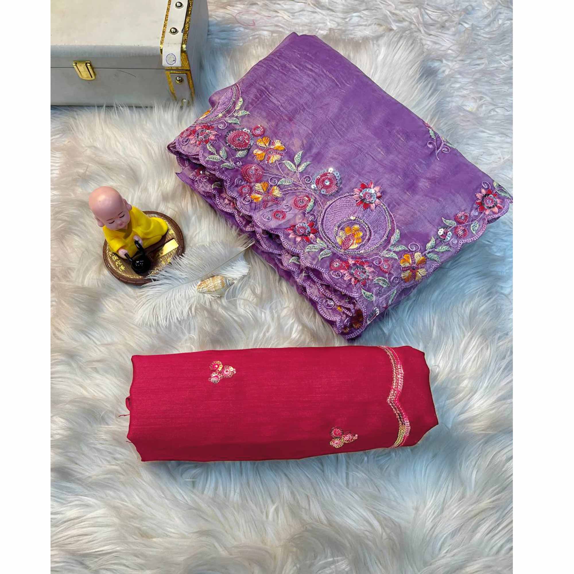 Premium Purple Crush Satin Saree with Beautiful Floral Embroidery