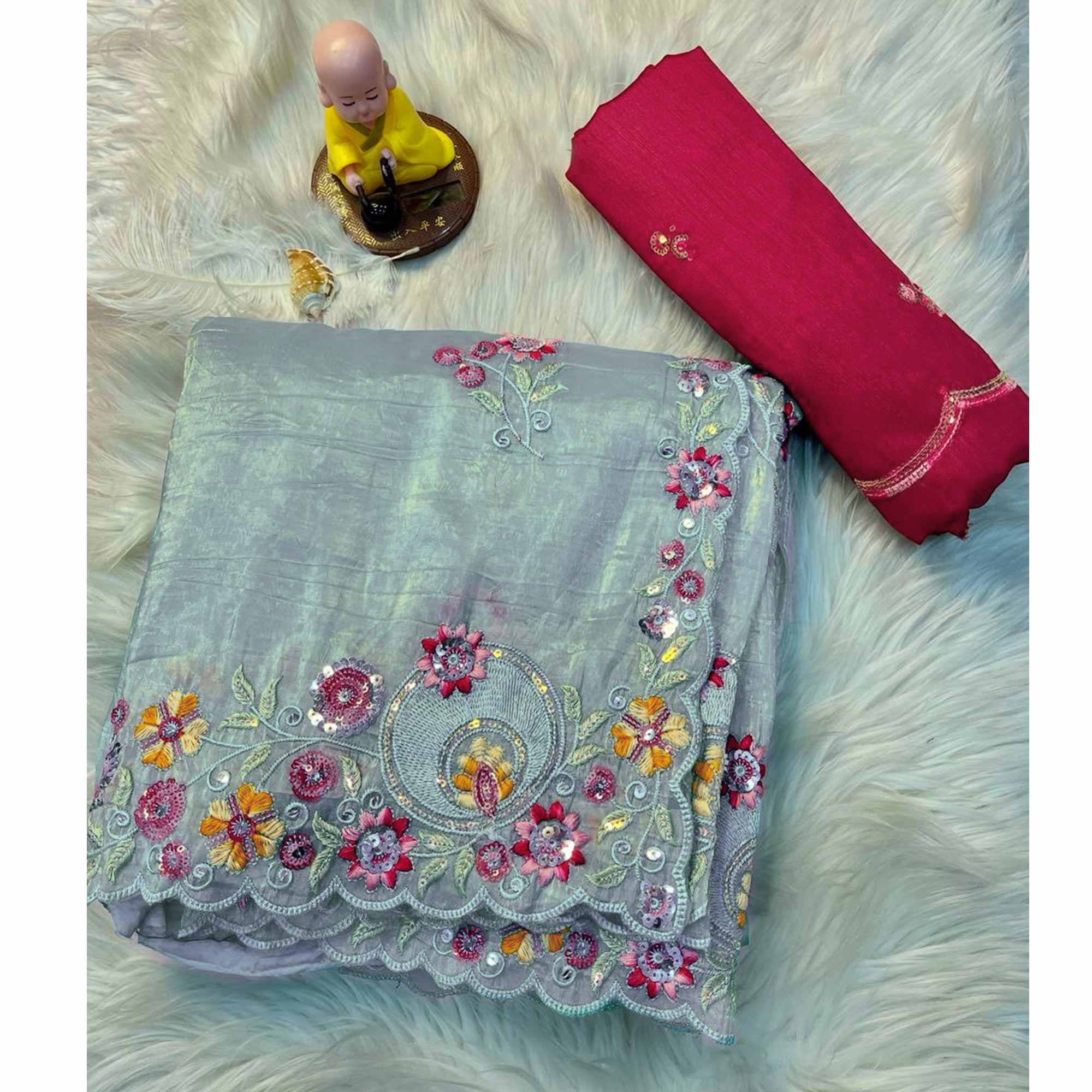 Premium Sea Green Crush Satin Saree with Beautiful Floral Embroidery