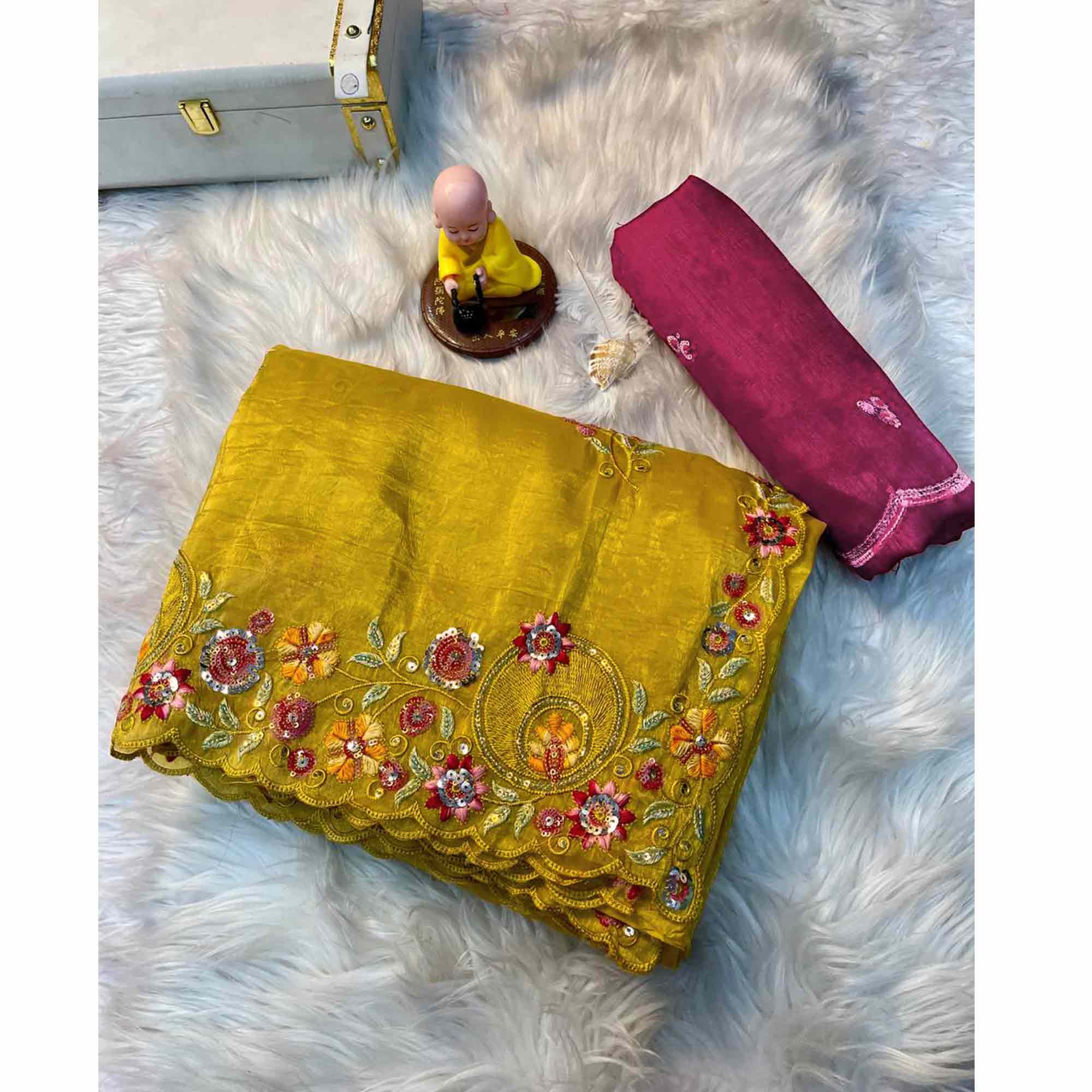 Premium Yellow Crush Satin Saree with Beautiful Floral Embroidery