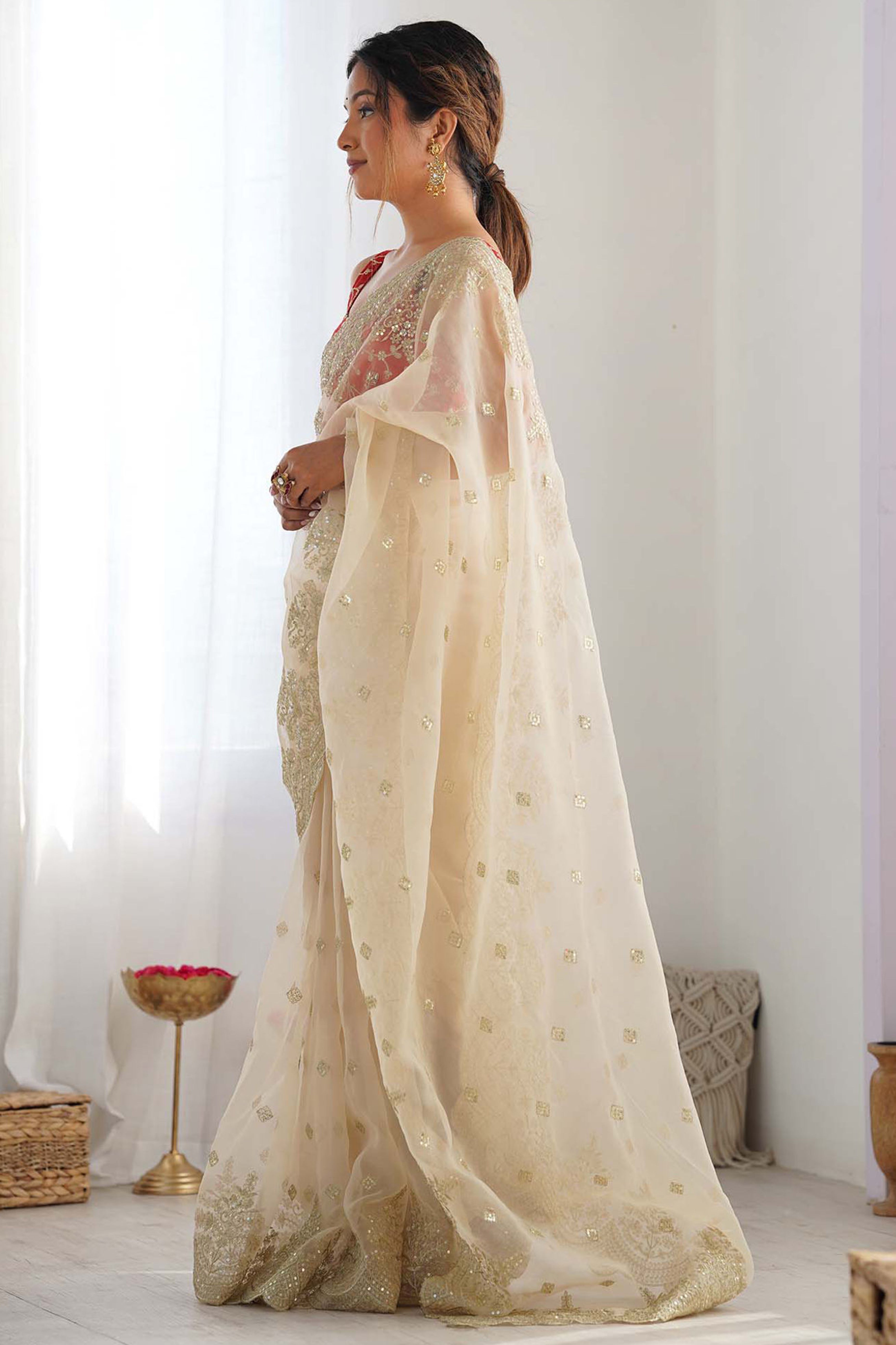 Luxury Cream Pure Organza Saree with Sequins Work for Festive Celebrations